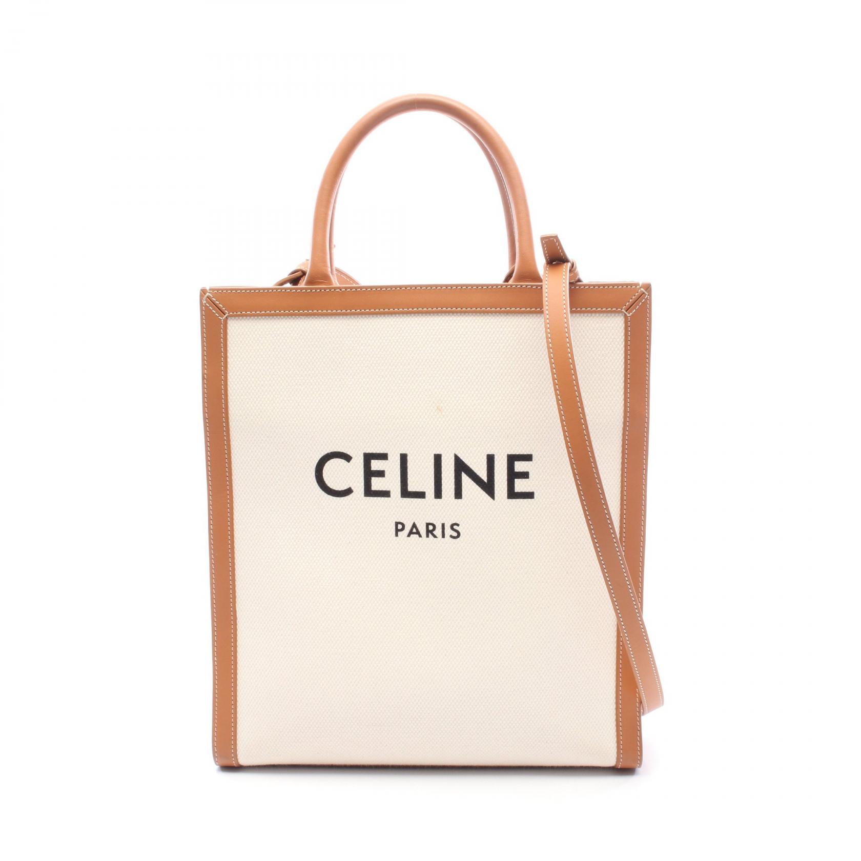 【ポイント5倍／～4/10(金)23:59】セリーヌ CELINE スモール バーティカル カバ トートバッグ バッグ キャンバス レザー レディース アイボリー系 / ブラウン系 192082BNZ 【中古】