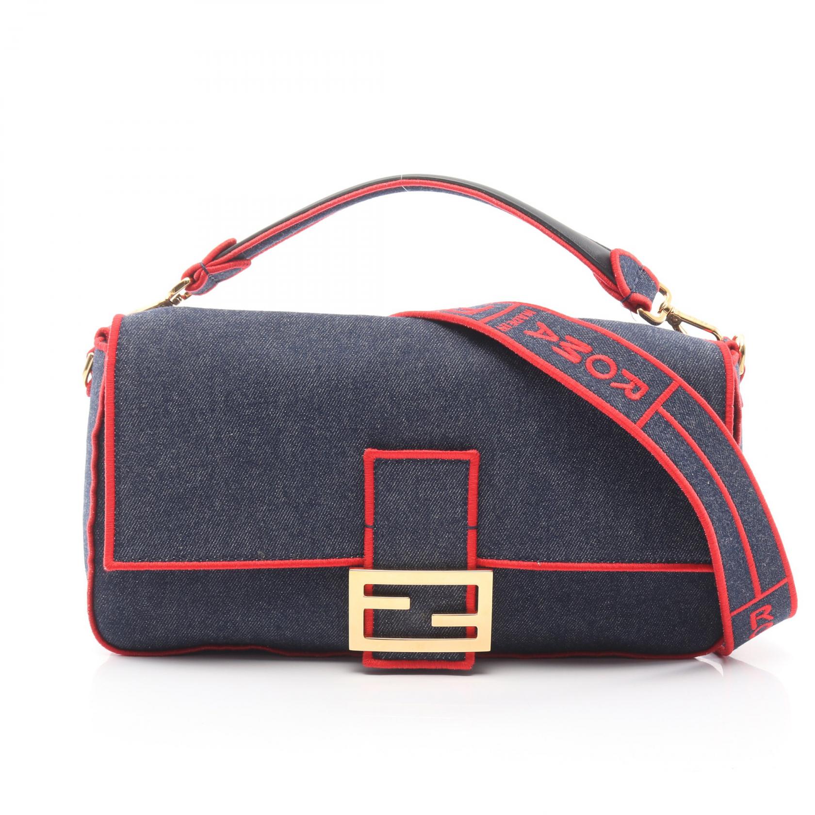 フェンディ FENDI マンマバケット ROMA ハンドバッグ バッグ デニム レディース ネイビー系 / レッド系 8BR771 【中古】
