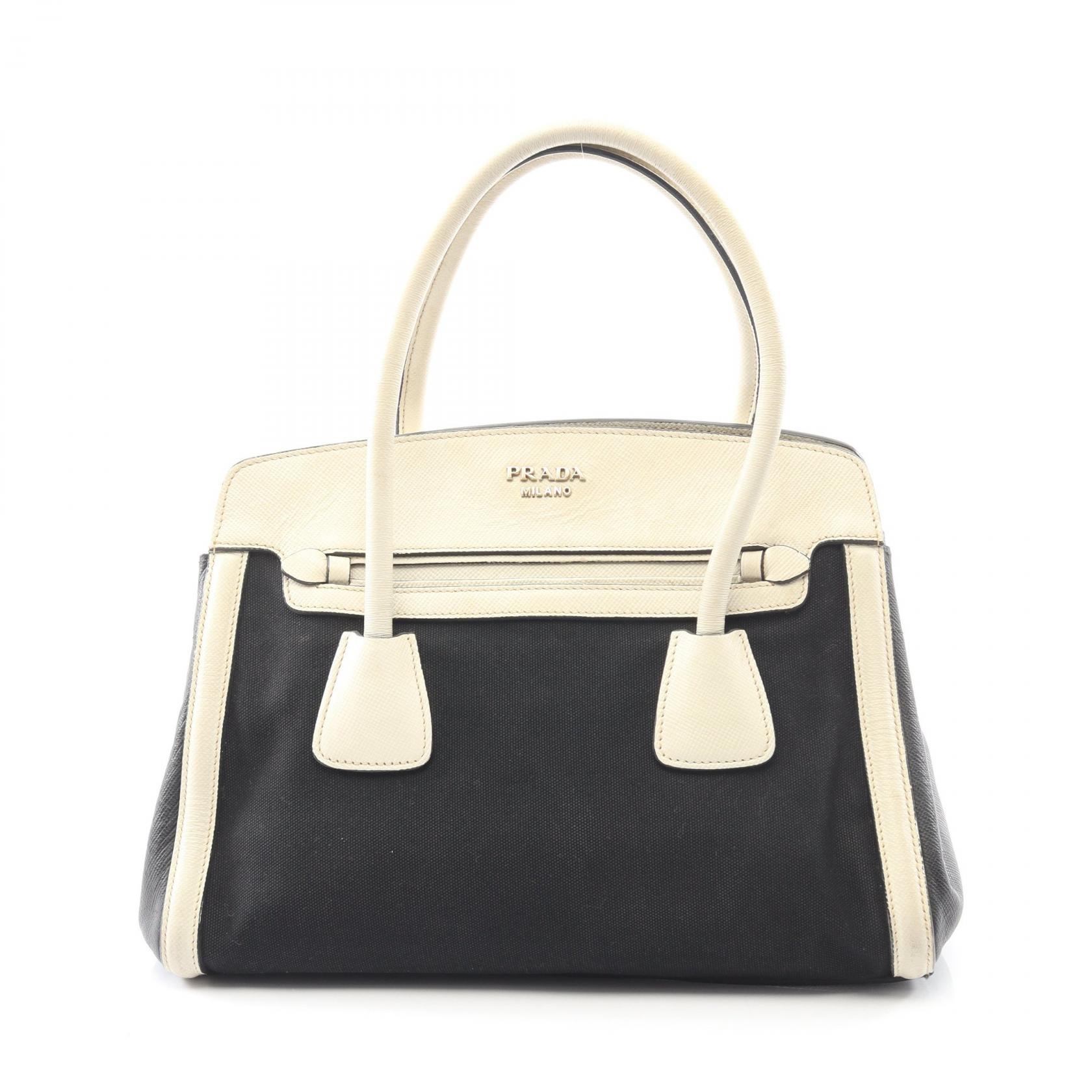 ≪10%OFFクーポン 7/19 20時～7/26 9:59≫プラダ PRADA ハンドバッグ バッグ キャンバス サフィアーノレザー レディース ブラック系 / ホワイト系 【中古】｜Mike Museum 46,200円
