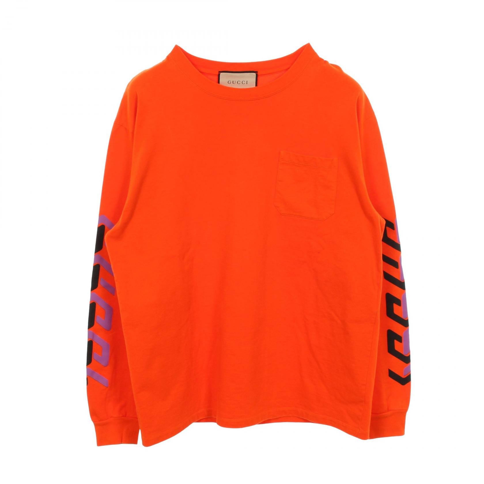グッチ GUCCI アームミラープリント 長袖Tシャツ 衣料品 トップス コットン メンズ オレンジ系 【中古】