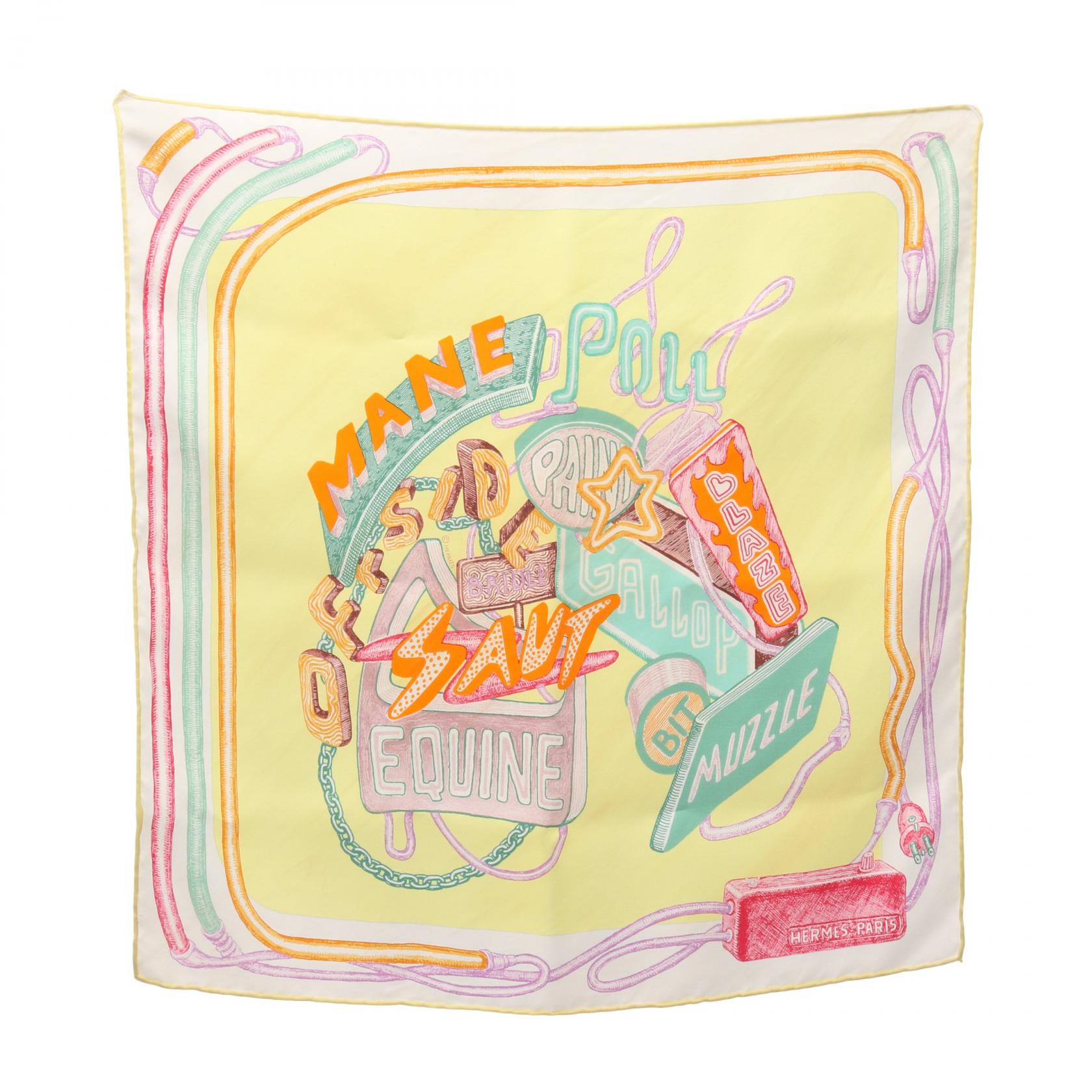 エルメス HERMES プチカレ カレ45 ガヴロッシュ Chevaloscope Neon スカーフ 衣料品 シルク シルク レディース ホワイト系 / イエロー系 / マルチカラー 【中古】