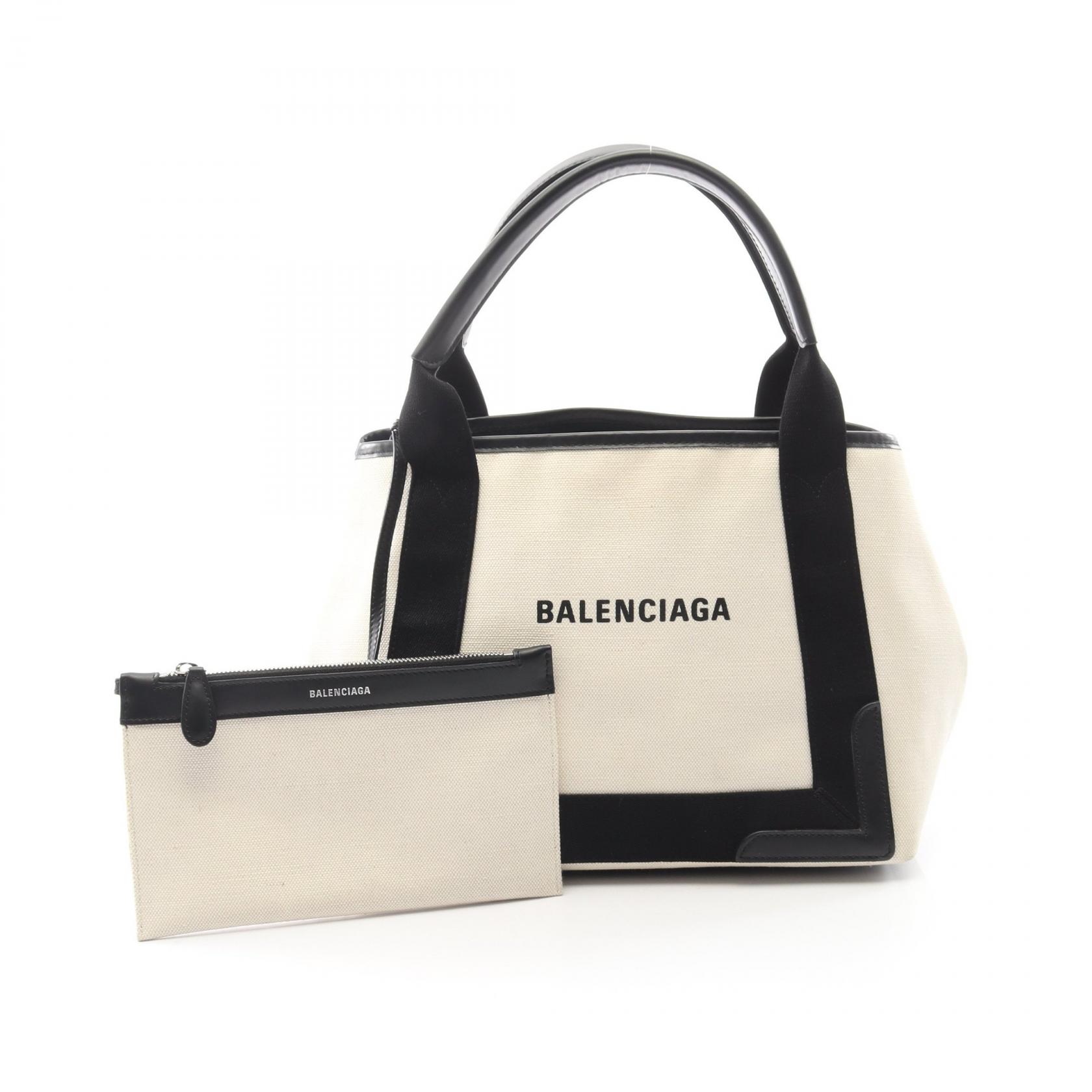 【15%OFFクーポン対象】バレンシアガ BALENCIAGA NAVY CABAS S ネイビーカバ トートバッグ バッグ キャンバス レザー レディース アイボリー系 / ブラック系 【中古】