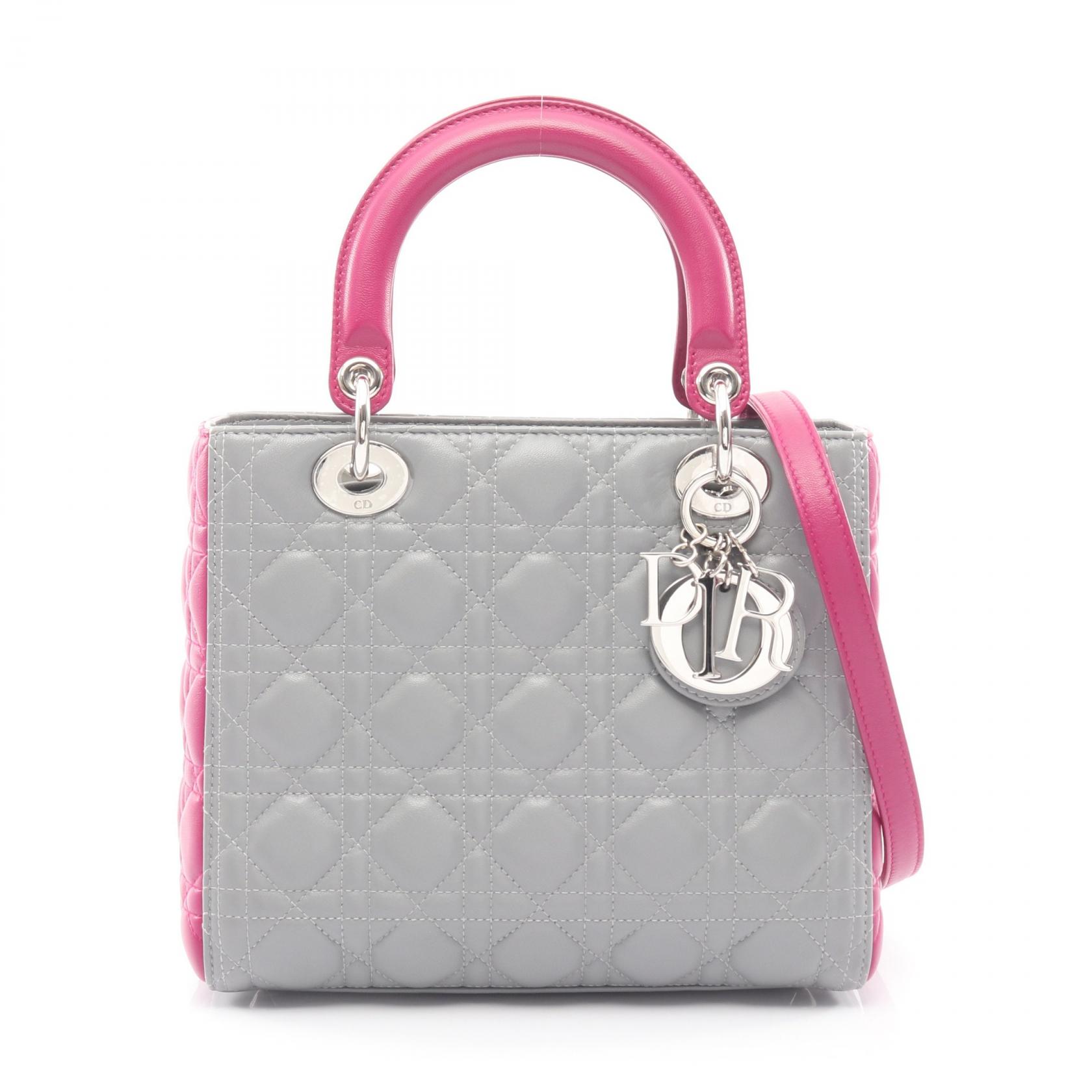 【ポイント5倍／～4/10(金)23:59】ディオール Dior LADY DIOR レディディオール カナージュ ハンドバッグ バッグ レザー レディース グレー系 / パープル系 【中古】