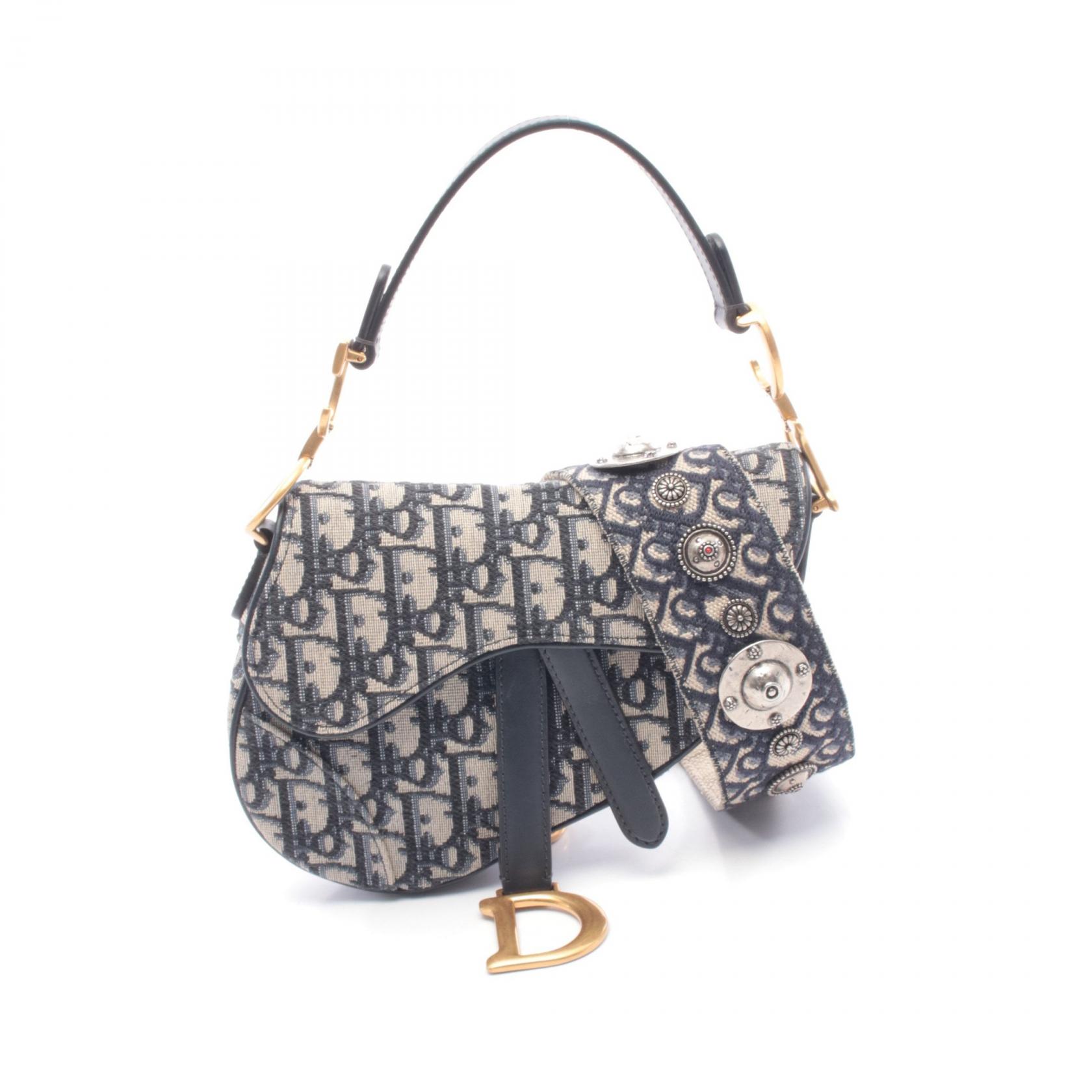 【ポイント5倍／～4/10(金)23:59】ディオール Dior サドルバッグ ミニ オブリークジャカード ハンドバッグ バッグ キャンバス レザー レディース アイボリー系 / ネイビー系 【中古】