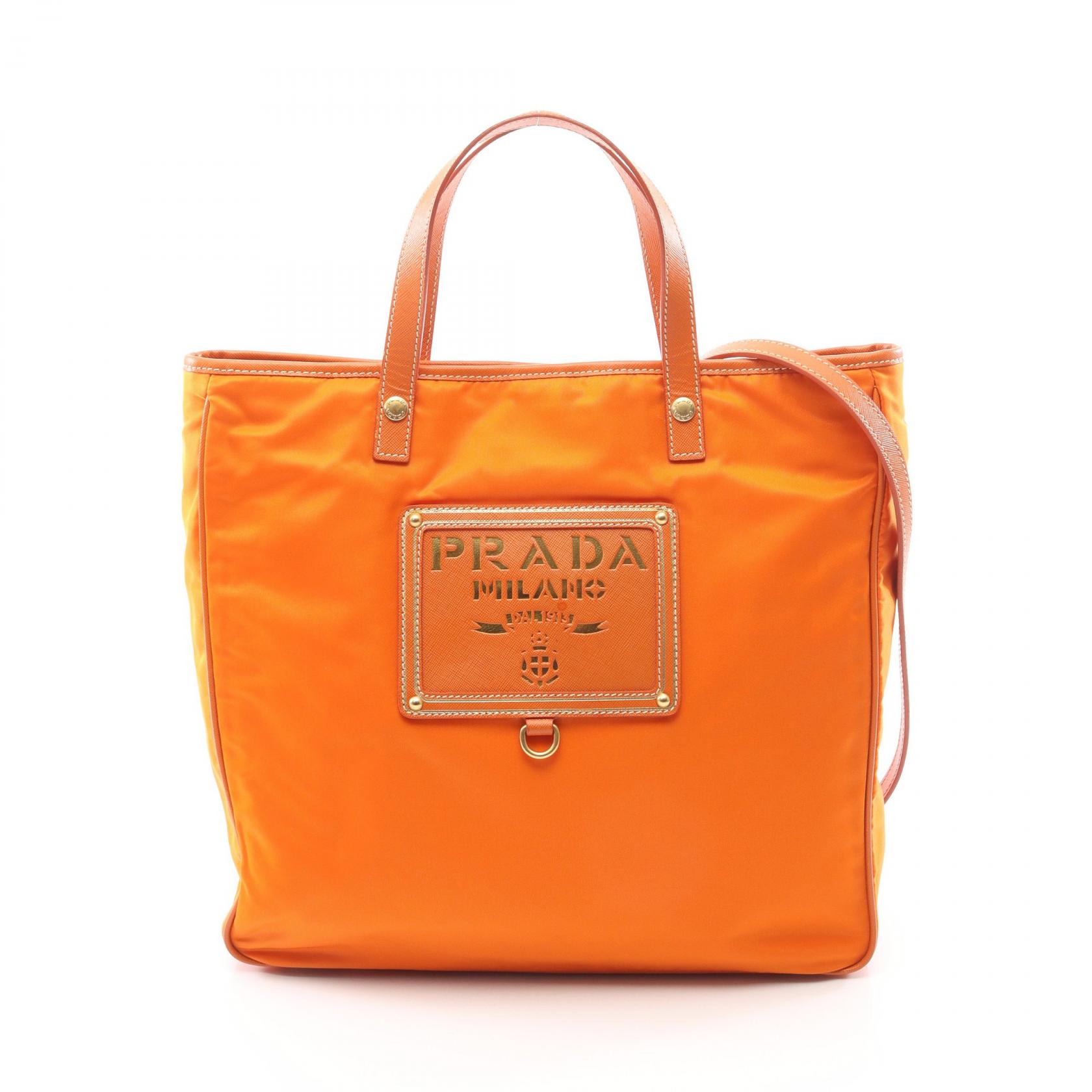 《全品5%クーポン×P5倍》プラダ PRADA トートバッグ バッグ ナイロン サフィアーノレザー レディース オレンジ系 【中古】