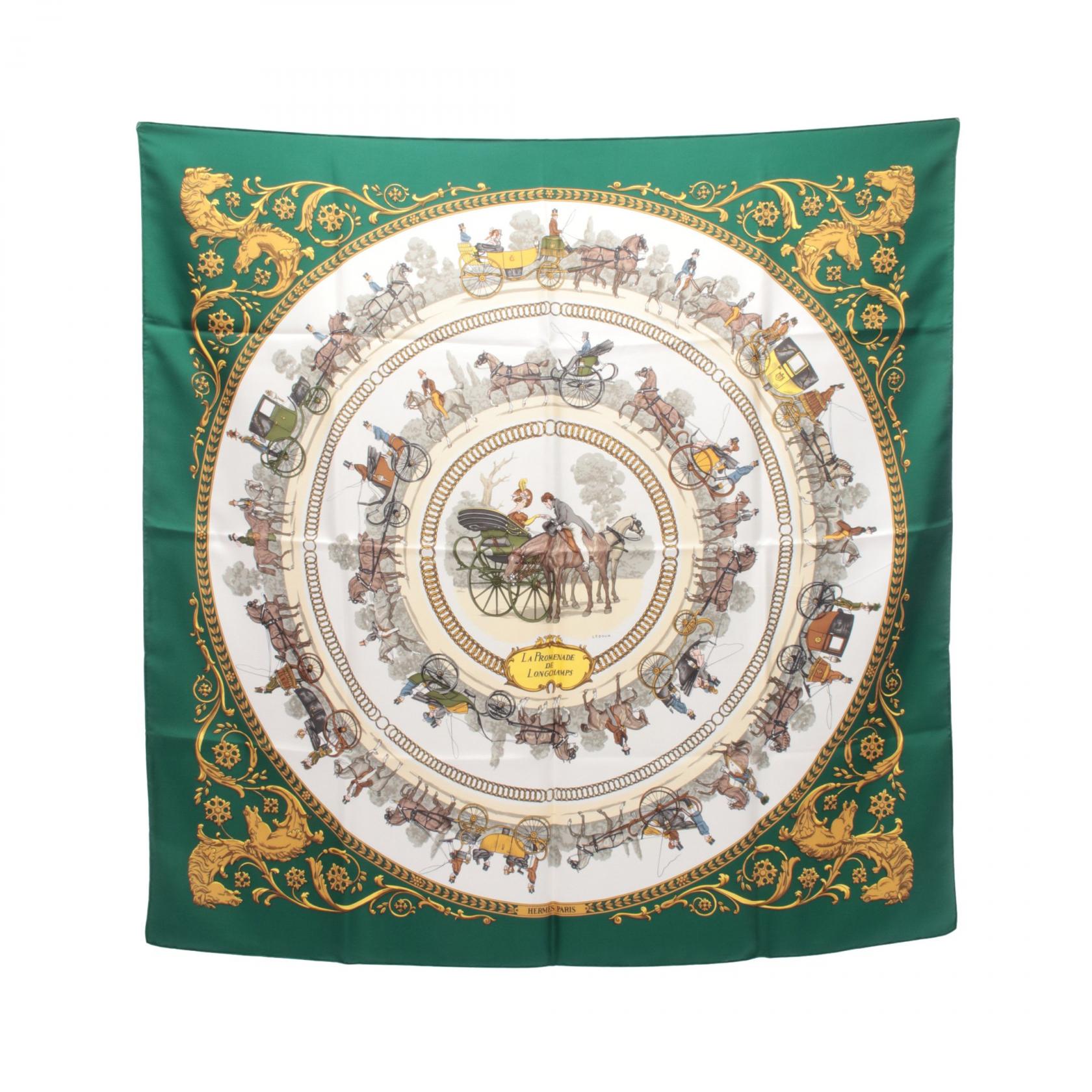 エルメス HERMES カレ90 LA PROMENADE DE LONGCHAMPS スカーフ 衣料品 シルク シルク レディース グリーン系 / ゴールド系 / マルチカラー 【中古】