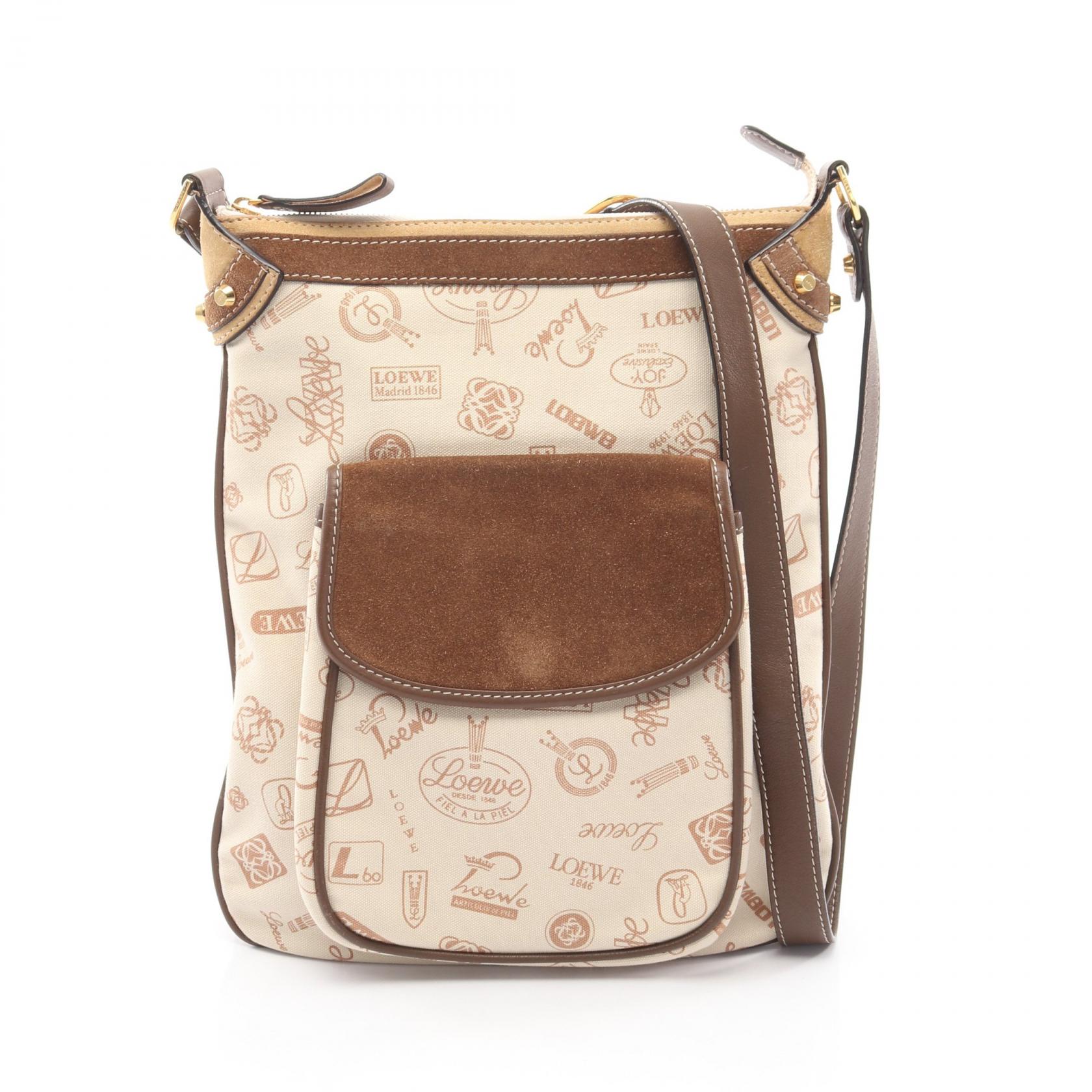 ≪15%OFFクーポン 7/19 20時~7/26 9:59≫ロエベ LOEWE 160 ANIVERSARIO ショルダーバッグ バッグ キャンバス スウェード レザー レディース アイボリー系 / ブラウン系 【中古】|Mike Museum