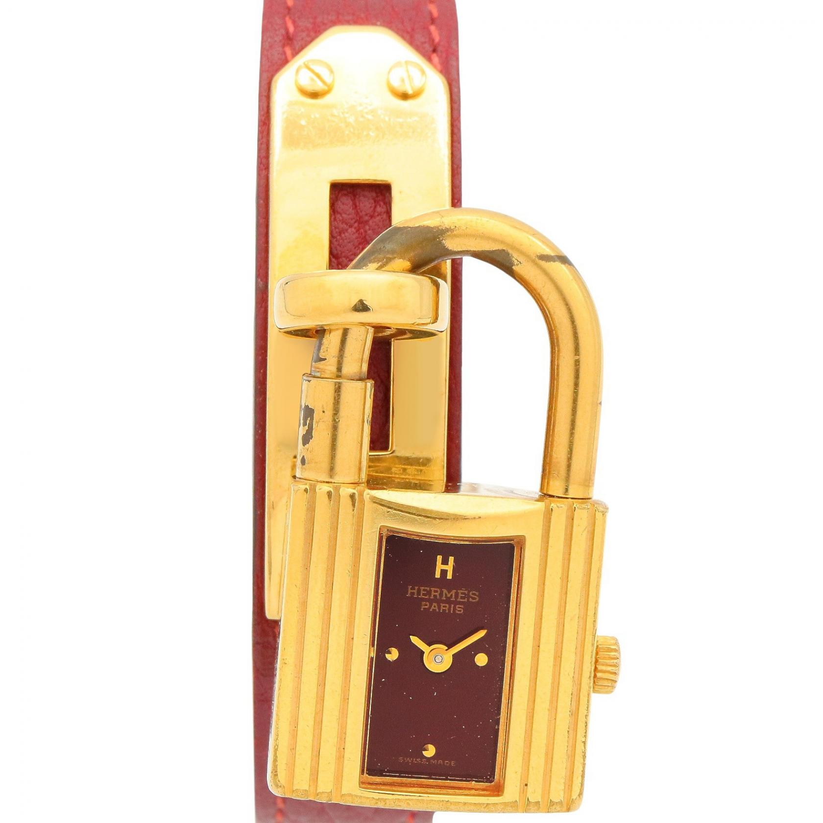 エルメス HERMES ケリーウォッチ 腕時計 時計 GP(ゴールドメッキ) レザーベルト レディース ボルドー系 KE1.201 【中古】