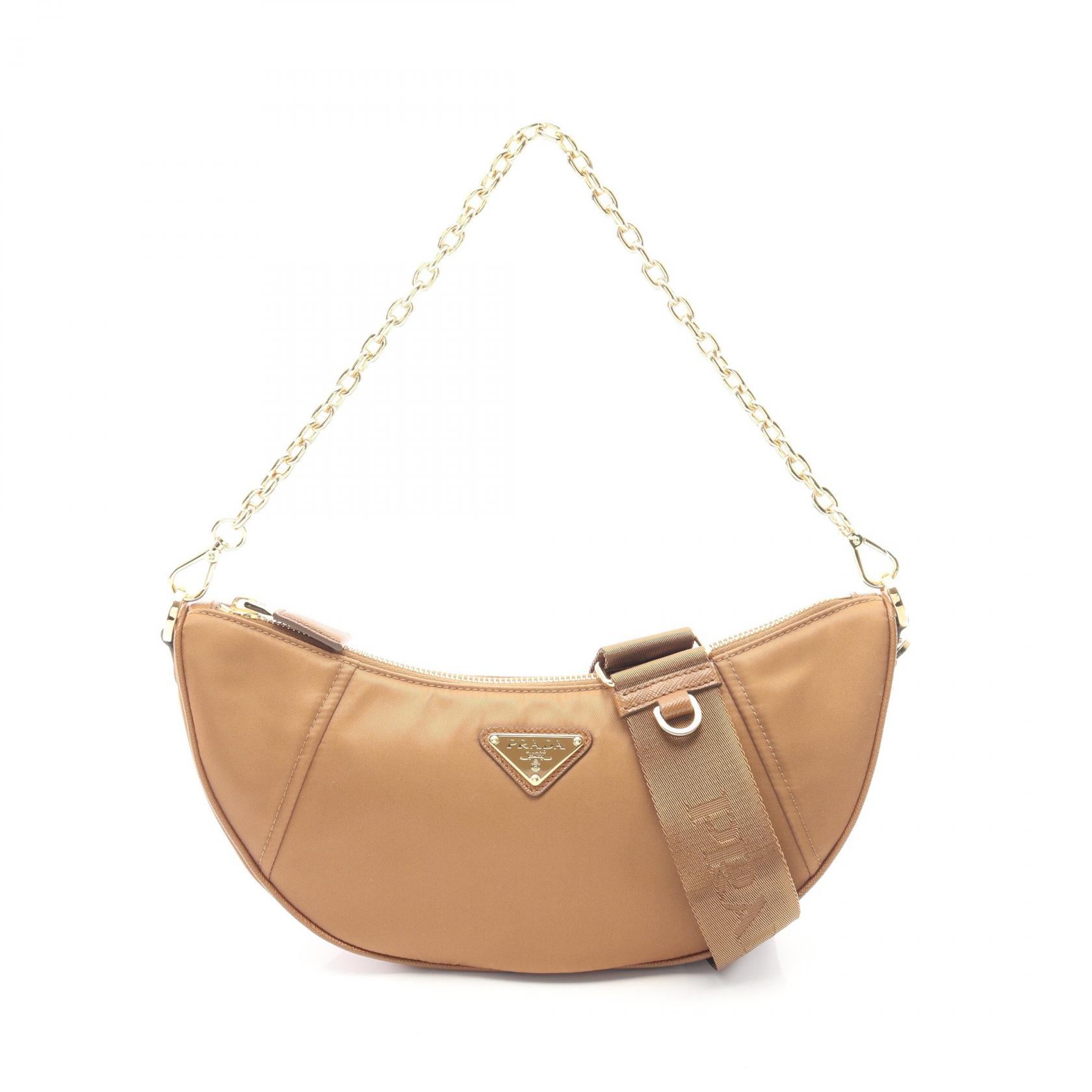【15%OFFクーポン対象】プラダ PRADA Demi-Lune ドゥミ リュンヌ Re-Nylon 2WAY ハンドバッグ バッグ ナイロン サフィアーノレザー レディース ブラウン系 1BH222 【中古】