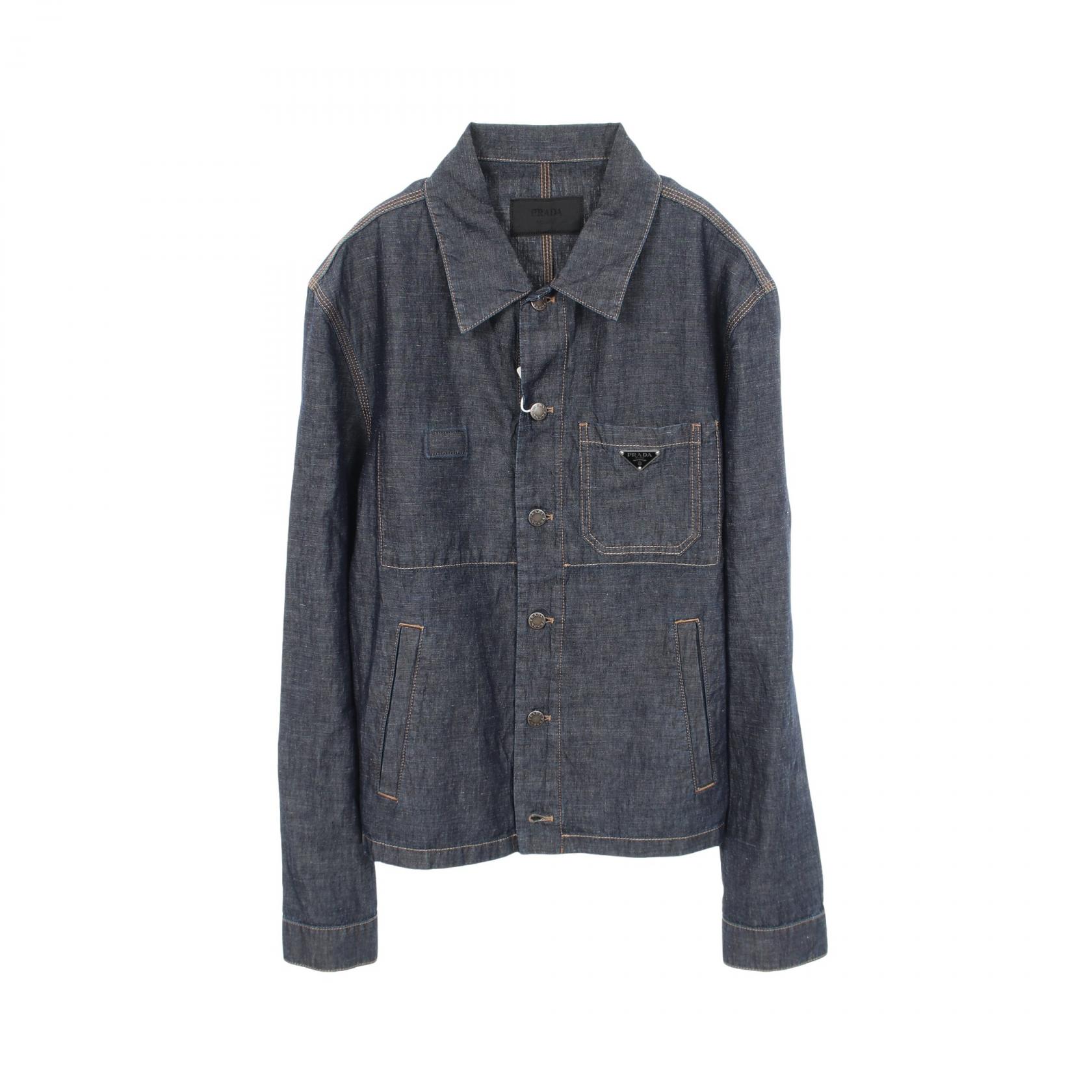 《全品5%クーポン×P5倍》プラダ PRADA シャンブレーブルゾン デニムジャケット 衣料品 アウター コットン メンズ ネイビー系 GBE254 【中古】