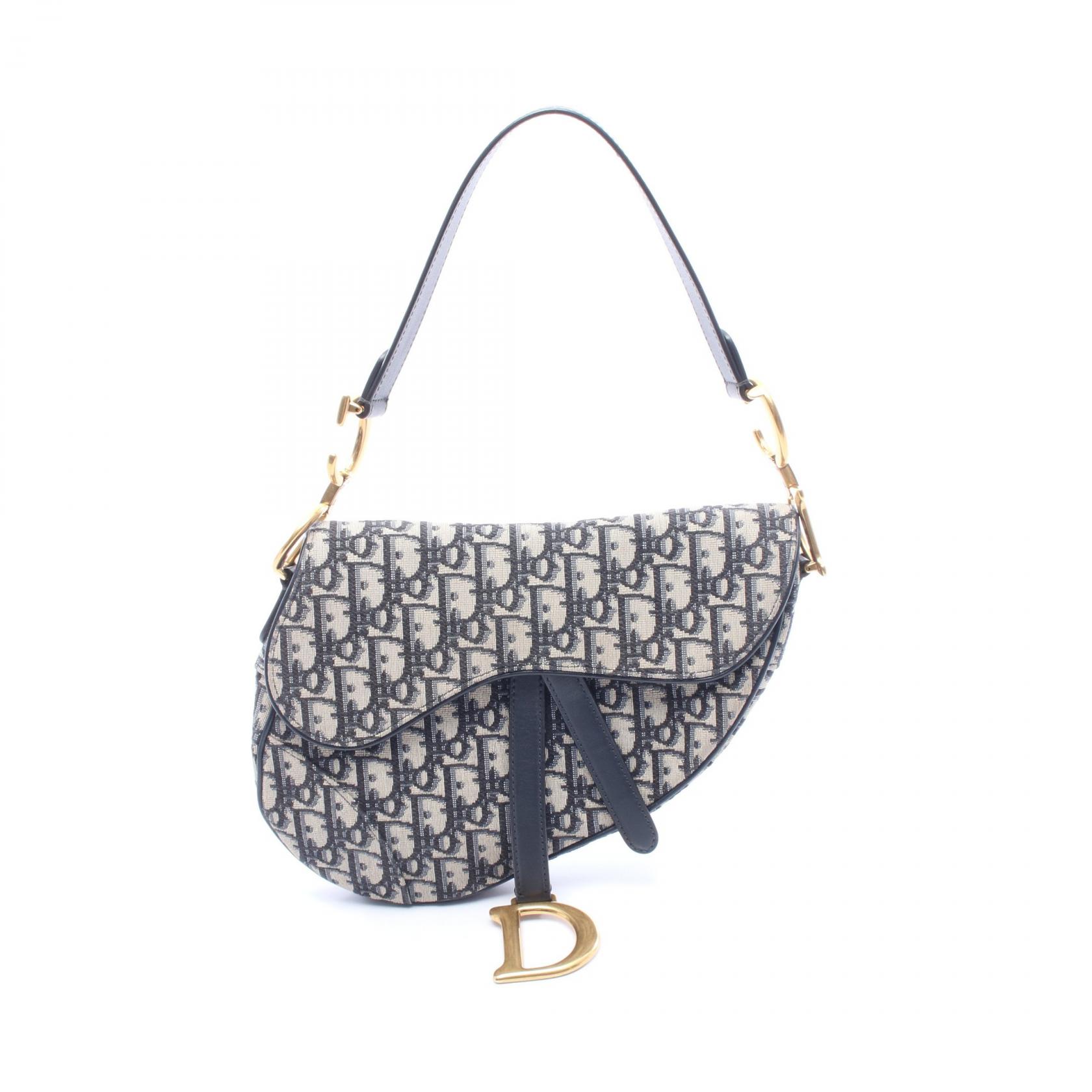 《全品5%クーポン×P5倍》ディオール Dior SADDLE サドル オブリーク ハンドバッグ バッグ キャンバス レザー レディース ネイビー系 / ベージュ系 【中古】