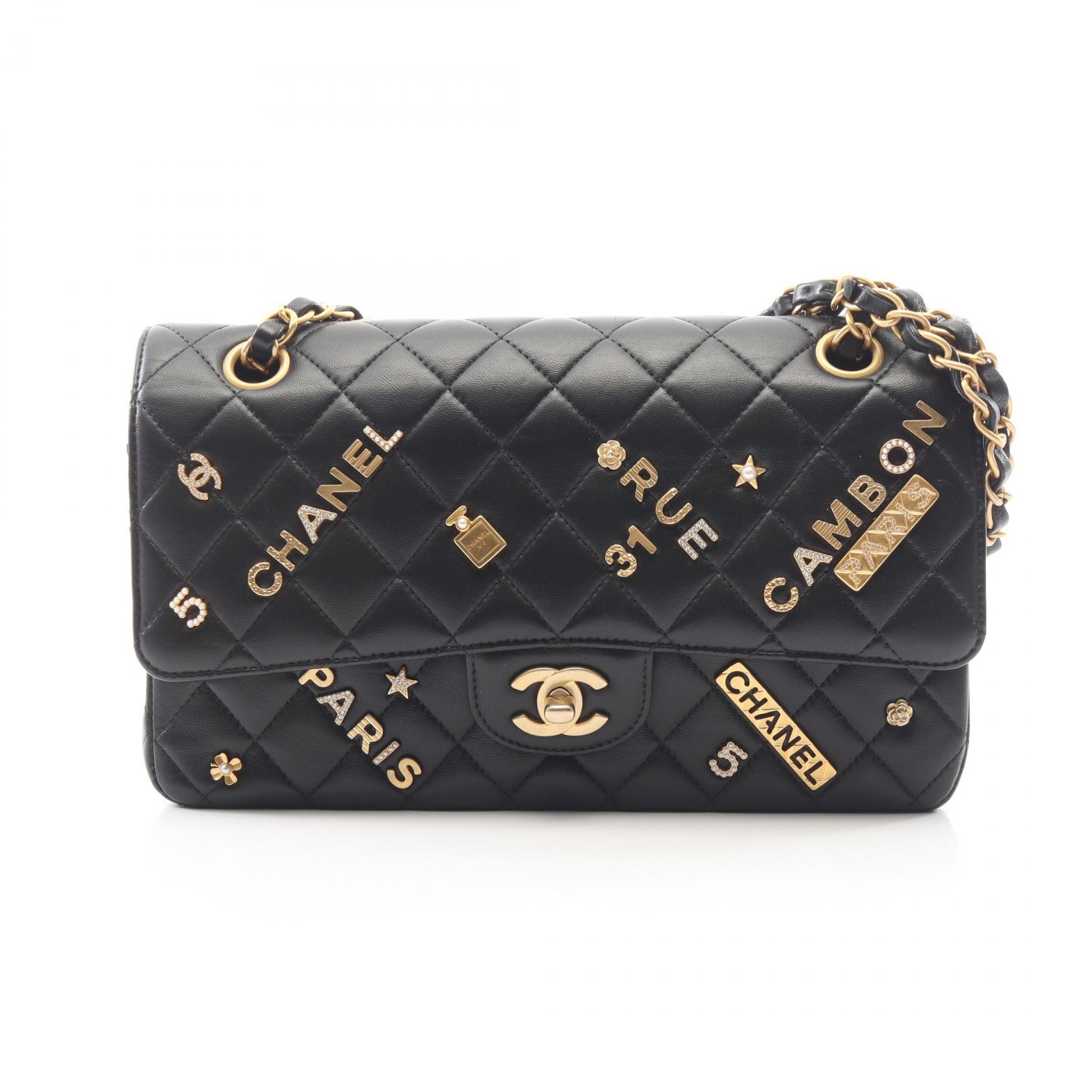 ≪15%OFFクーポン 7/19 20時～7/26 9:59≫シャネル CHANEL マトラッセ Wフラップ アイコンチャーム ショルダーバッグ バッグ ラムスキン（羊革） レディース ブラック系 A01112 【中古】｜Mike Museum