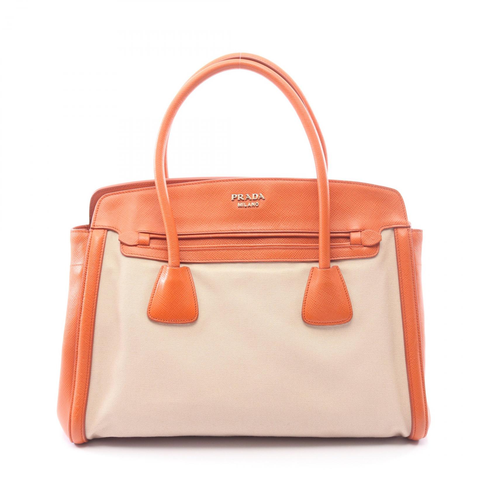 ≪15%OFFクーポン 7/19 20時~7/26 9:59≫プラダ PRADA トートバッグ バッグ キャンバス サフィアーノレザー レディース ベージュ系 / オレンジ系 【中古】|Mike Museum