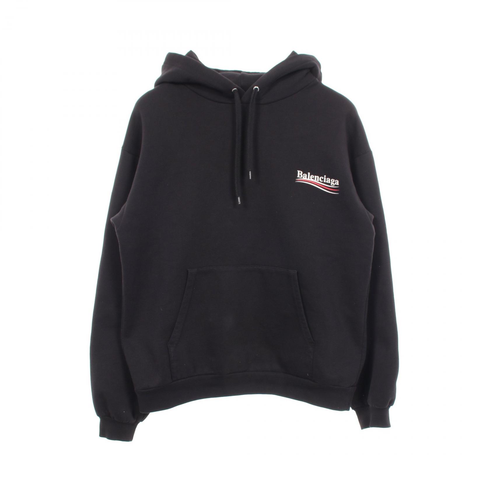 ≪10%OFFクーポン 7/19 20時~7/26 9:59≫バレンシアガ BALENCIAGA キャンペーンロゴ 裏起毛 パーカー 衣料品 トップス コットン メンズ レディース ブラック系 【中古】|Mike Museum