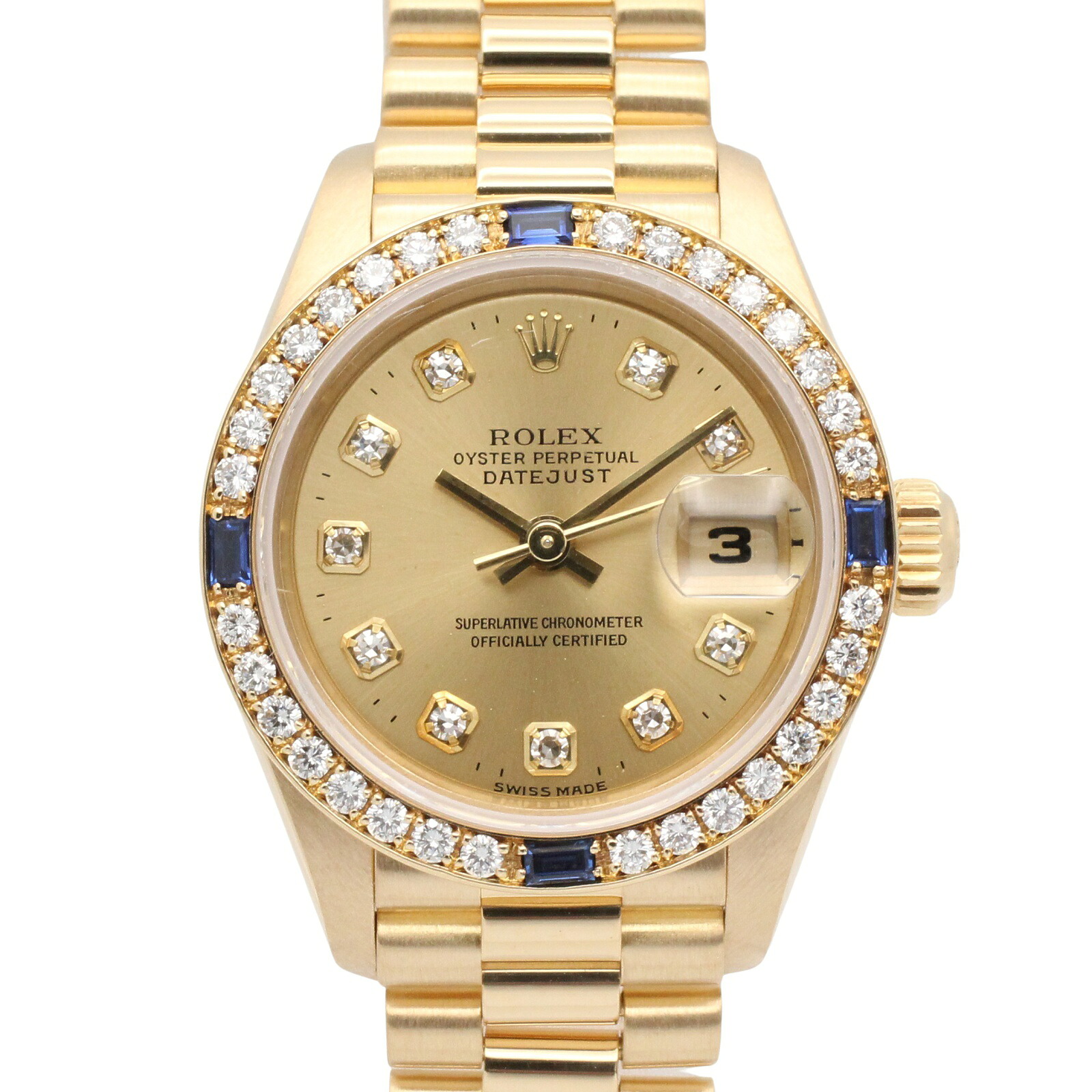 ≪10%OFFクーポン 7/19 20時~7/26 9:59≫ロレックス ROLEX デイトジャスト 10Pダイヤ/ベゼルダイヤ/4Pサファイヤ E番 腕時計 時計 K18(イエローゴールド) ダイヤモンド サファイア レディース ゴールド系 シャンパン/新ダイヤ 69088G 【中古】|Mike Museum