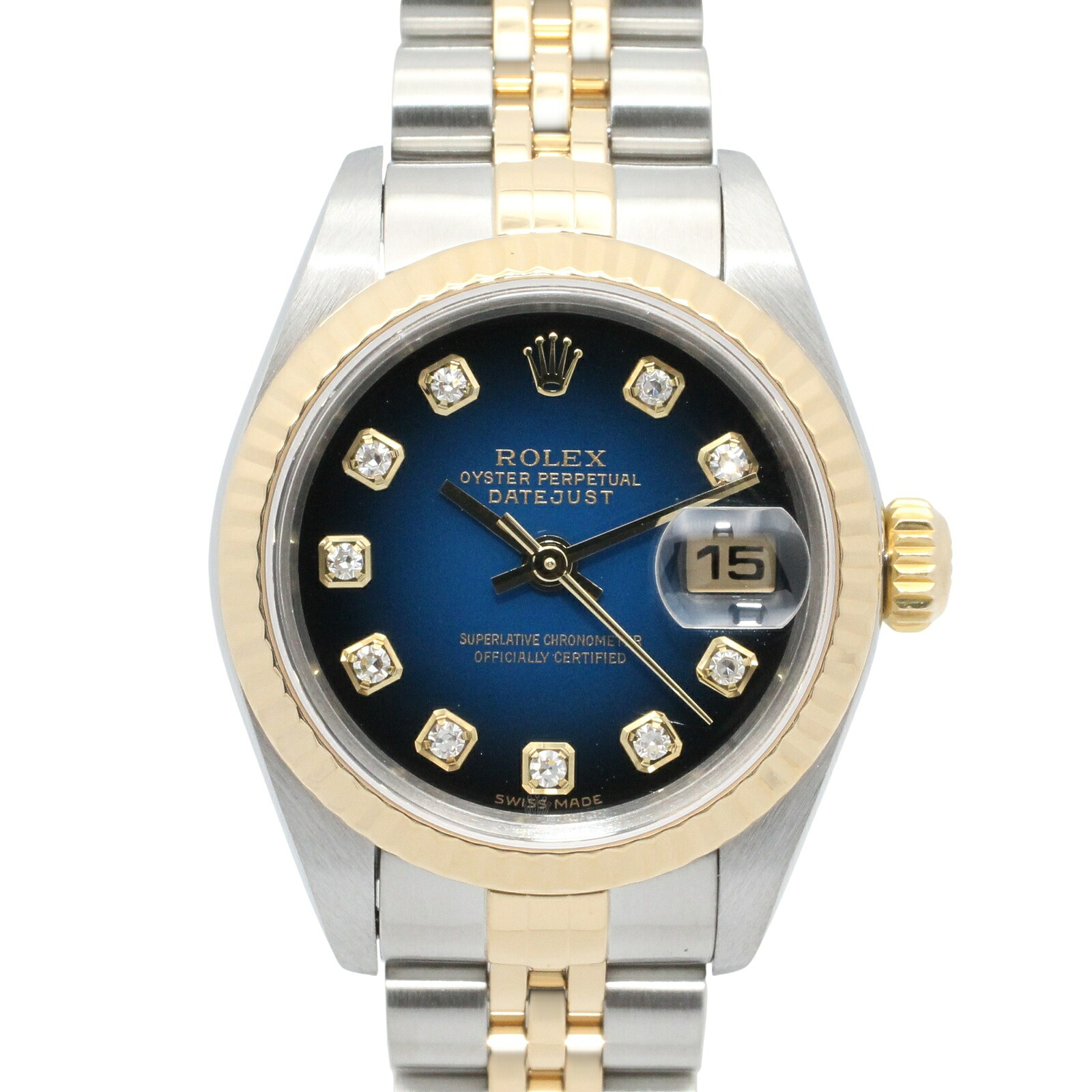 ロレックス ROLEX デイトジャスト 10Pダイヤ K番 腕時計 時計 K18(イエローゴールド) ステンレススチール ダイヤモンド レディース ブルー系 ブルーグラデーション/新ダイヤ 79173G 【中古】|Mike Museum