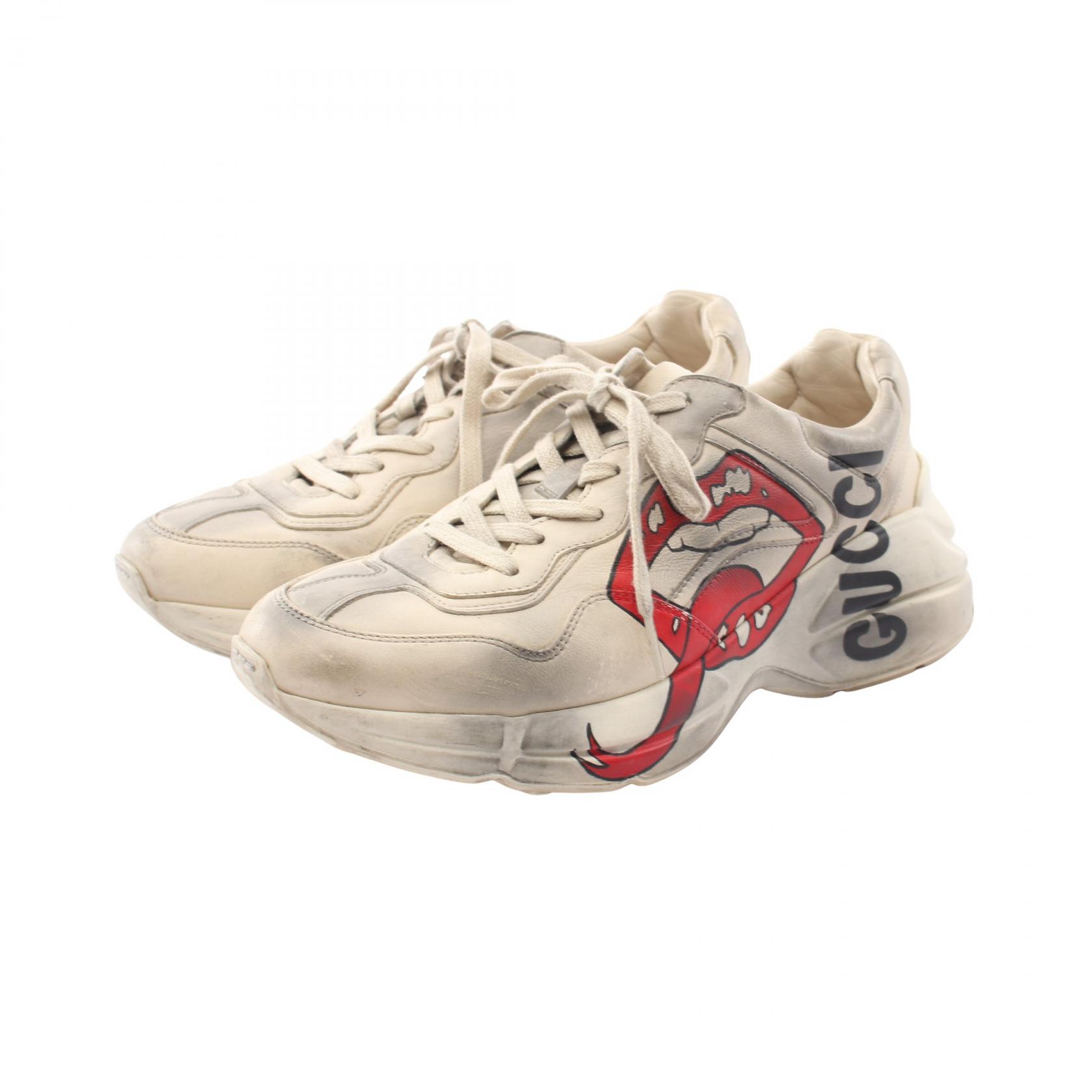 【P5倍×5%クーポン|7/29 20時~8/2 23:59】グッチ GUCCI ライトン マウス プリント ダメージ加工 スニーカー 靴 レザー メンズ アイボリー系 552089 【中古】|Mike Museum