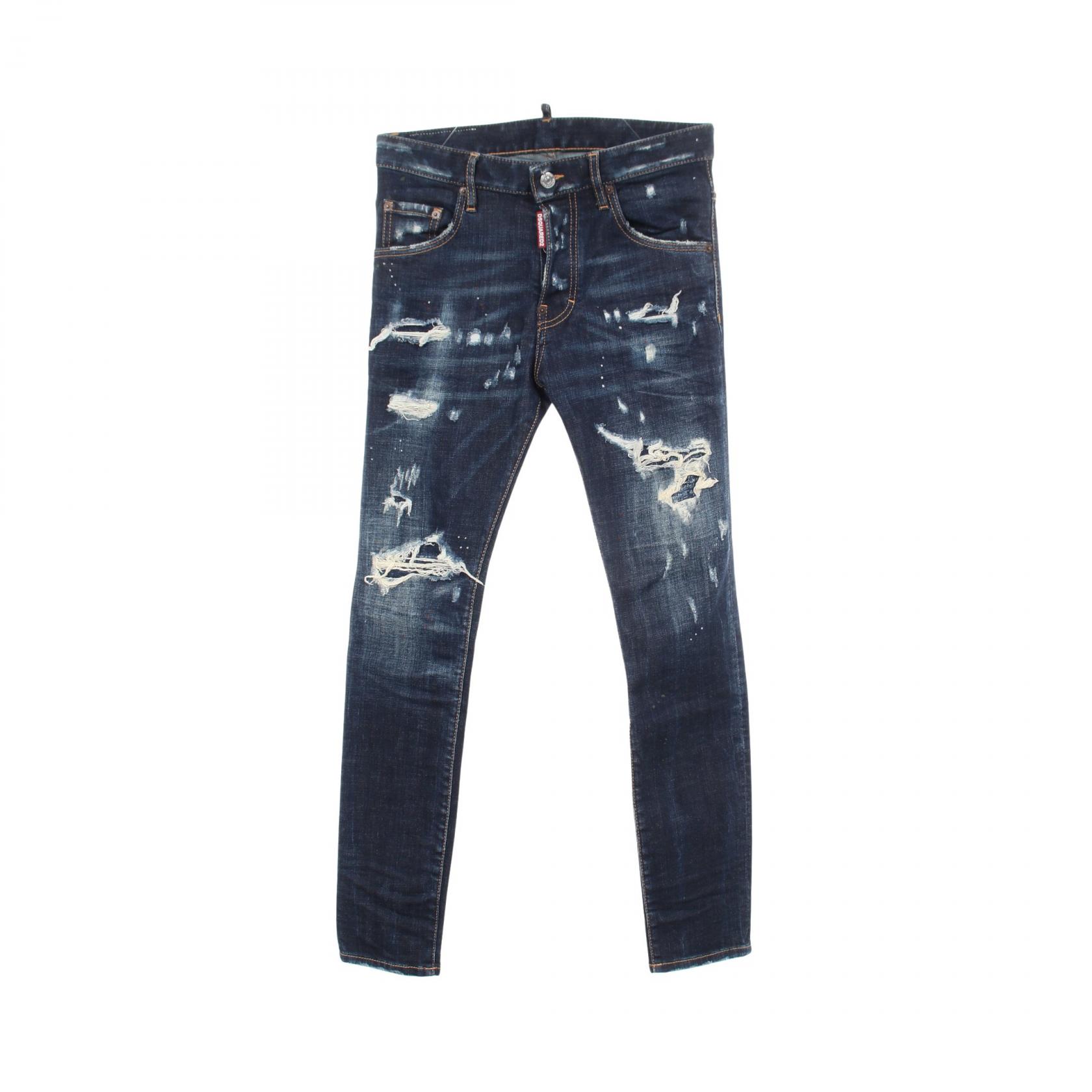 【P5倍&times;5%クーポン｜7/29 20時～8/2 23:59】ディースクエアード DSQUARED2 ダメージ加工 ペイント加工 デニムパンツ 衣料品 ボトムス コットン メンズ ネイビー系 S71LB0756 【中古】｜Mike Museum 24,090円
