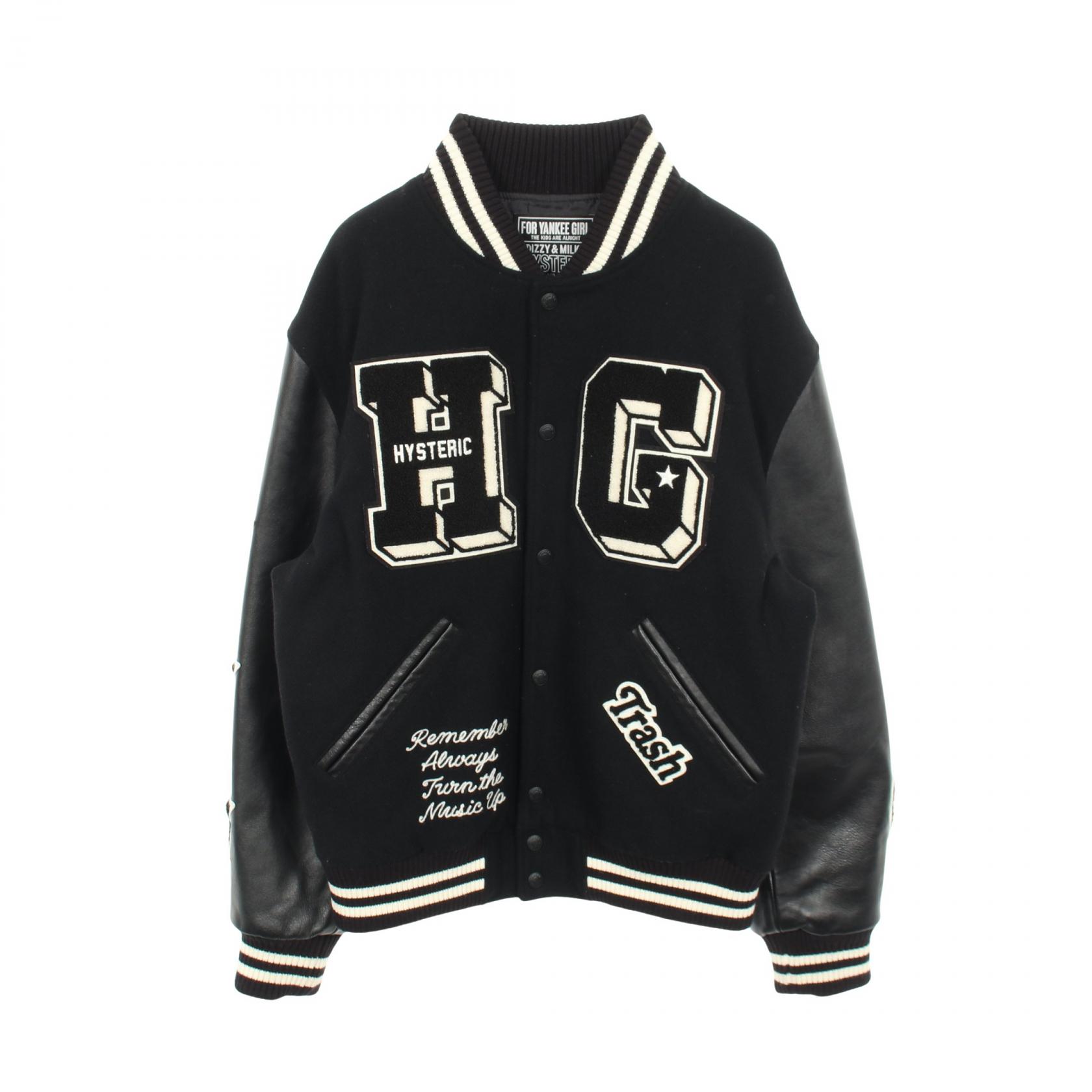 ≪10%OFFクーポン 7/19 20時～7/26 9:59≫ヒステリックグラマー HYSTERIC GLAMOUR TURN THE MUSIC UP 切替 スタジャン 衣料品 アウター ウール レザー メンズ ブラック系 / アイボリー系 【中古】｜Mike Museum