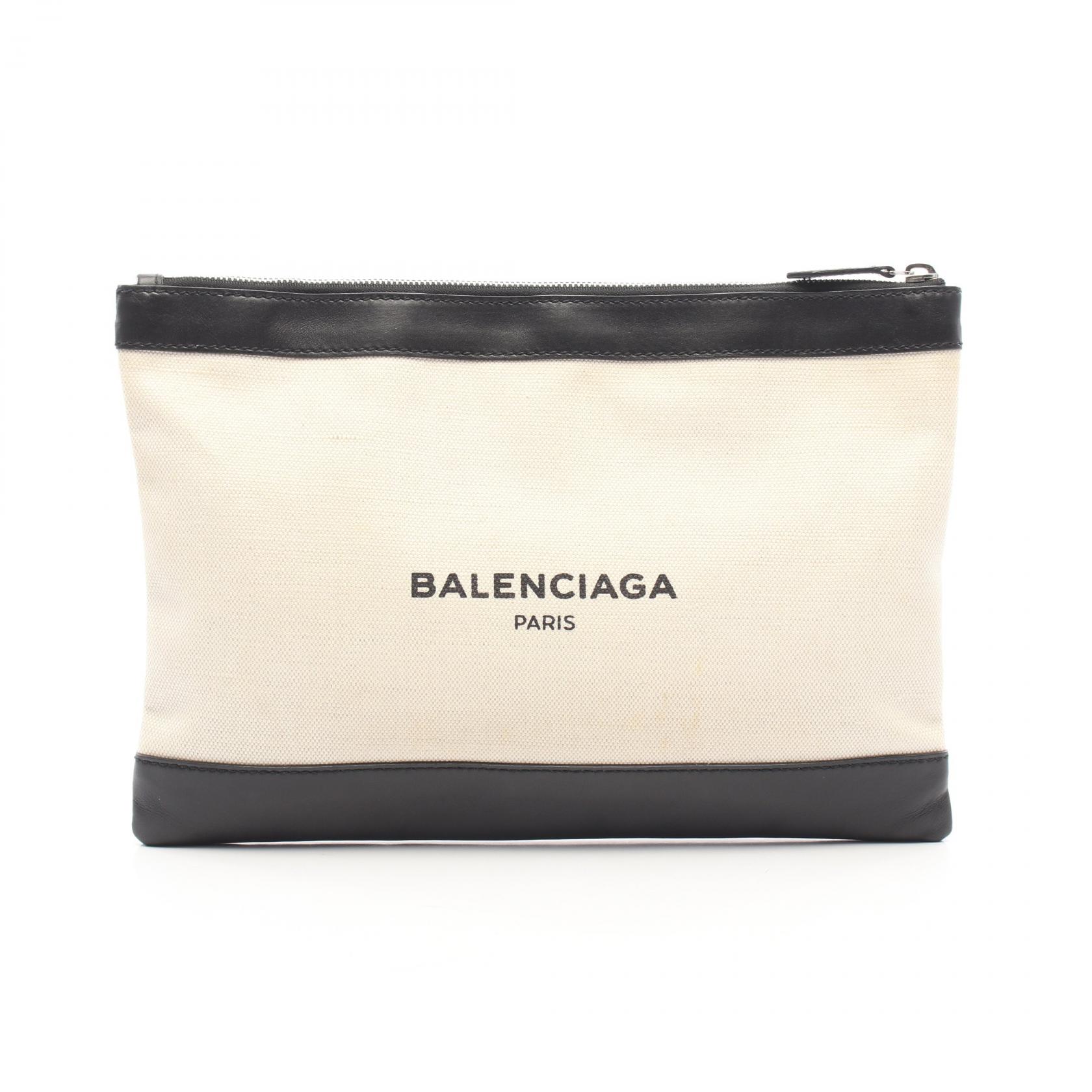 ≪10%OFFクーポン 7/19 20時～7/26 9:59≫バレンシアガ BALENCIAGA ネイビークリップ M セカンドバッグ クラッチバッグ バッグ キャンバス レザー メンズ レディース アイボリー系 / ブラック系 373834 【中古】｜Mike Museum