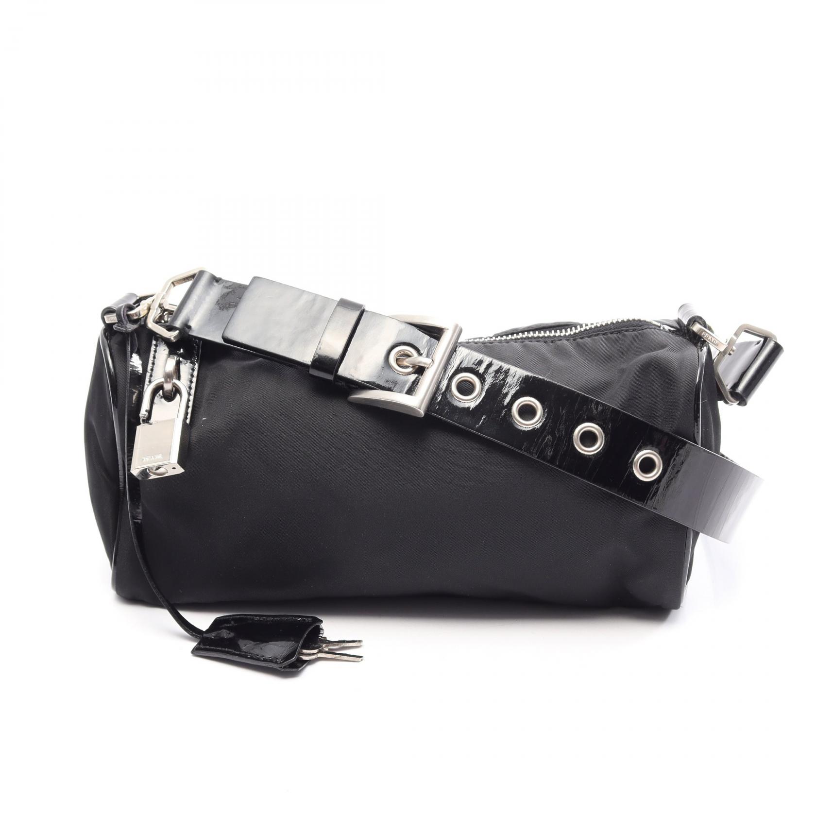 ≪10%OFFクーポン 7/19 20時～7/26 9:59≫プラダ PRADA TESSUTO+SAFFIANO ショルダーバッグ バッグ ナイロン パテントレザー レディース ブラック系 BR0688 【中古】｜Mike Museum