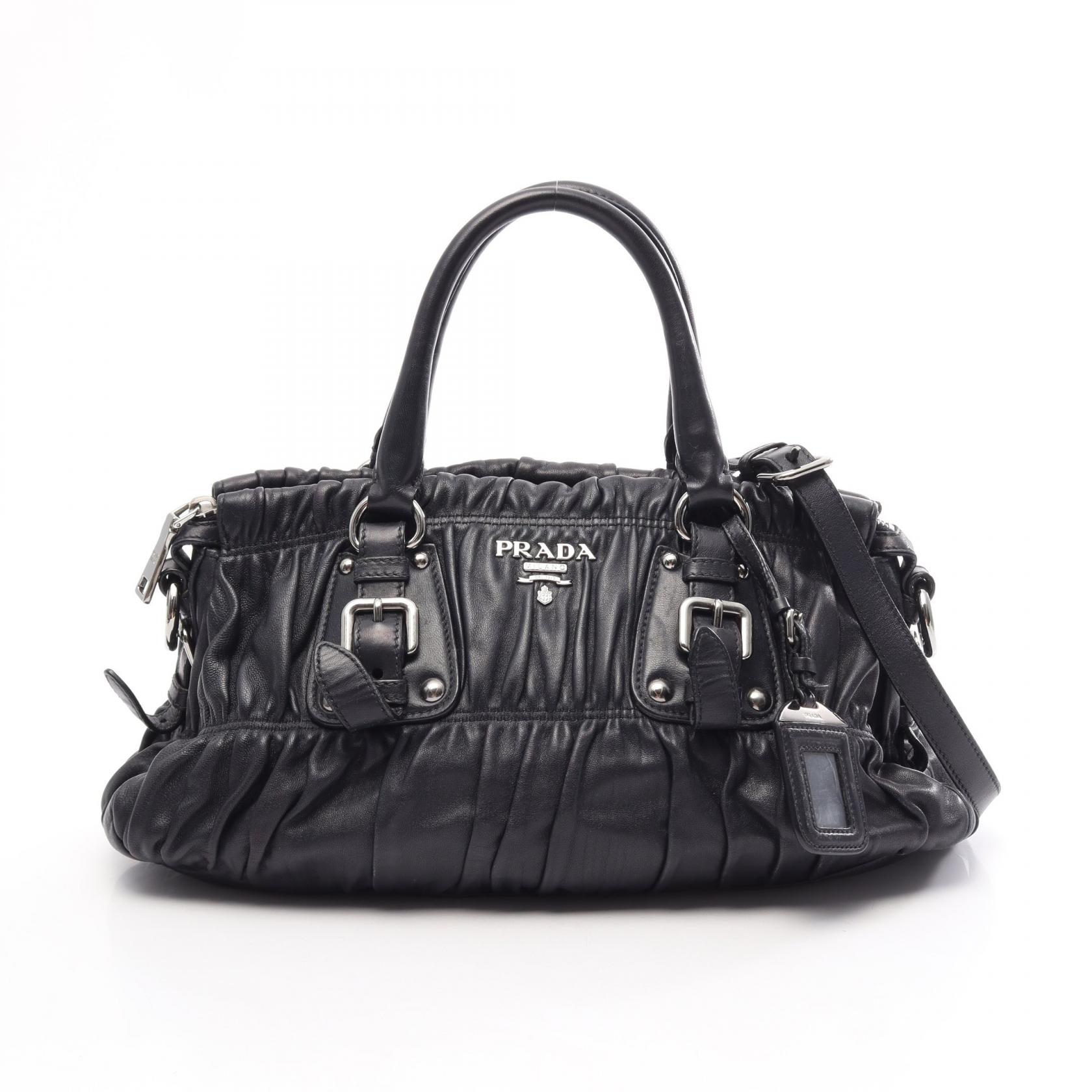 ≪10%OFFクーポン 7/19 20時～7/26 9:59≫プラダ PRADA ギャザー 2WAY ハンドバッグ バッグ レザー レディース ネイビー系 【中古】｜Mike Museum 67,100円