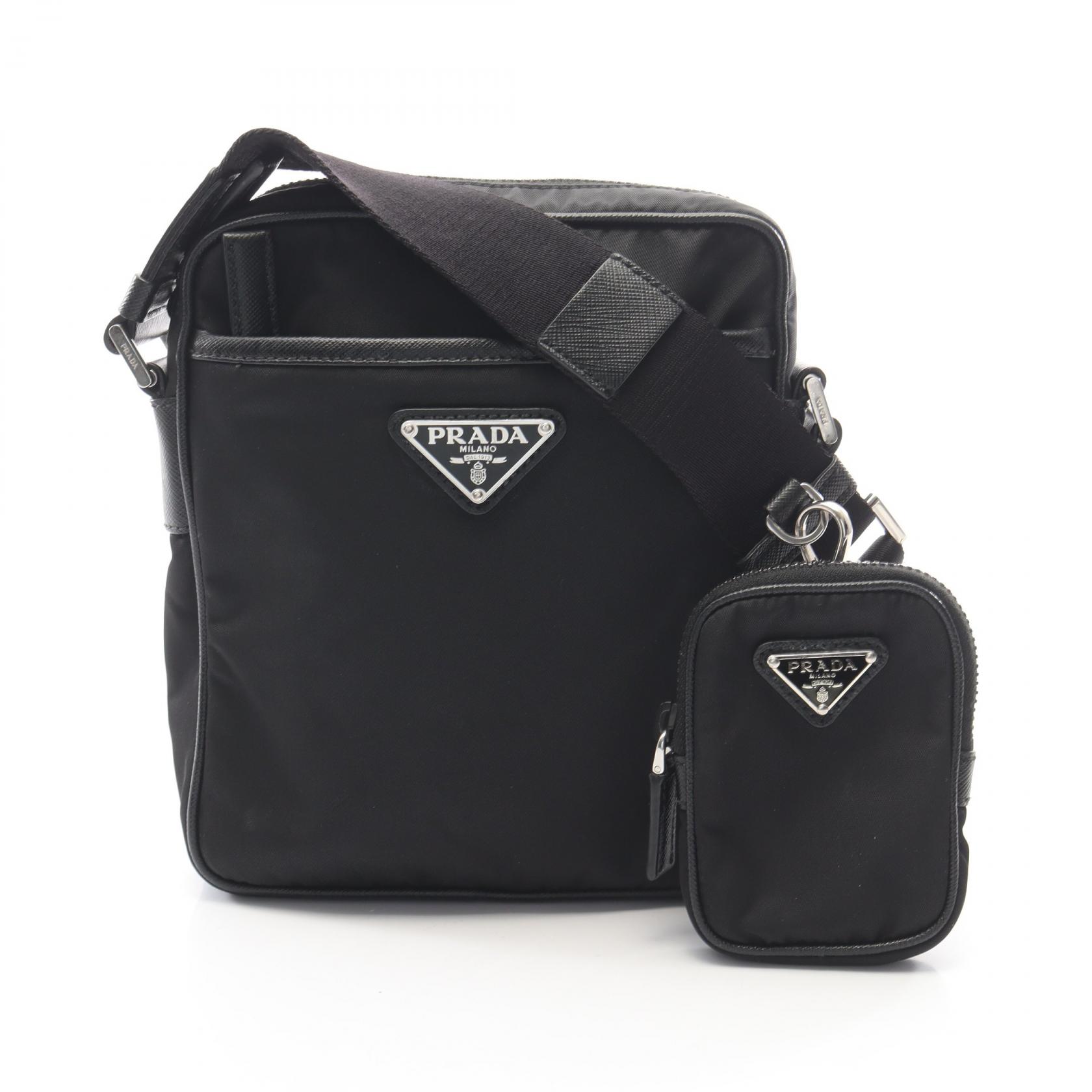 ≪10%OFFクーポン 7/19 20時～7/26 9:59≫プラダ PRADA Re-Nylon ショルダーバッグ バッグ ナイロン サフィアーノレザー メンズ レディース ブラック系 2VH112 【中古】｜Mike Museum