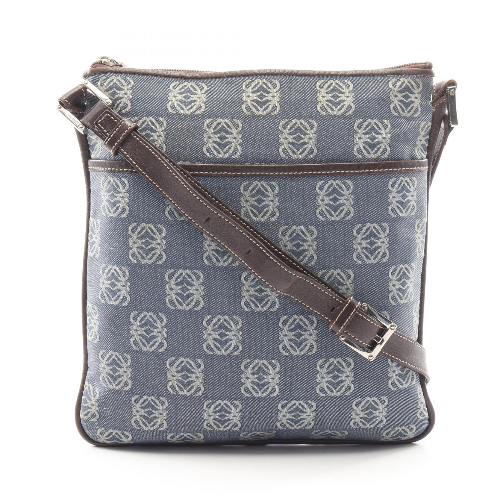 ≪10%OFFクーポン 7/19 20時~7/26 9:59≫ロエベ LOEWE アナグラム ショルダーバッグ ショルダーバッグ バッグ キャンバス レザー レディース ブルー系 / ブラウン系 【中古】|Mike Museum
