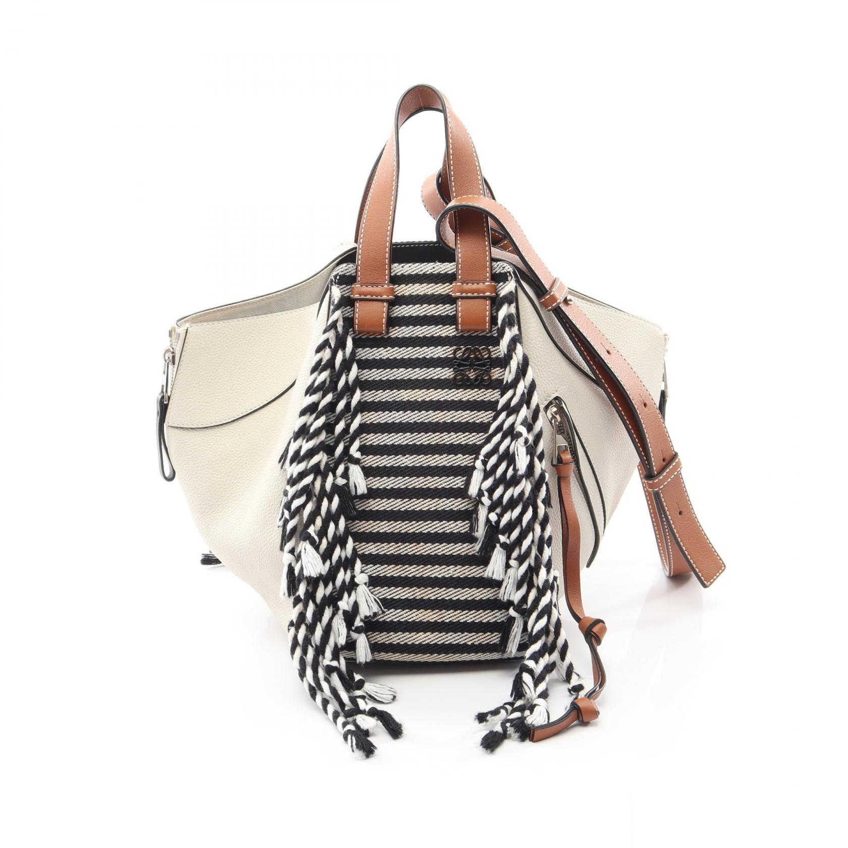 ≪10%OFFクーポン 7/19 20時~7/26 9:59≫ロエベ LOEWE HAMMOCK SMALL ハンモック スモール フリンジ ボーダー 2WAY ハンドバッグ バッグ レザー キャンバス レディース ホワイト系 / ブラック系 / ブラウン系 【中古】|Mike Museum