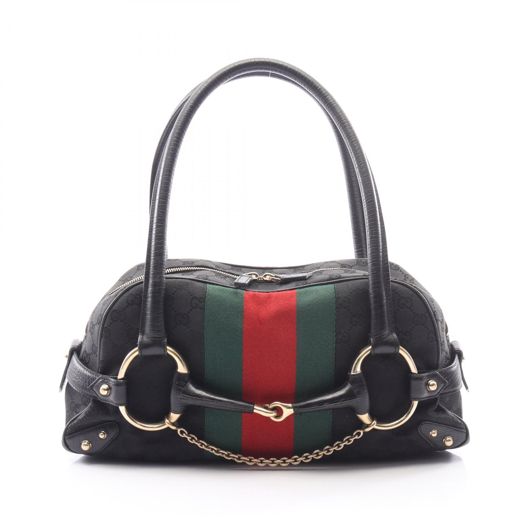 グッチ GUCCI ホースビット GGキャンバス ハンドバッグ バッグ キャンバス レザー レディース ブラック系 / レッド系 / グリーン系 131092 【中古】｜Mike Museum 78,650円