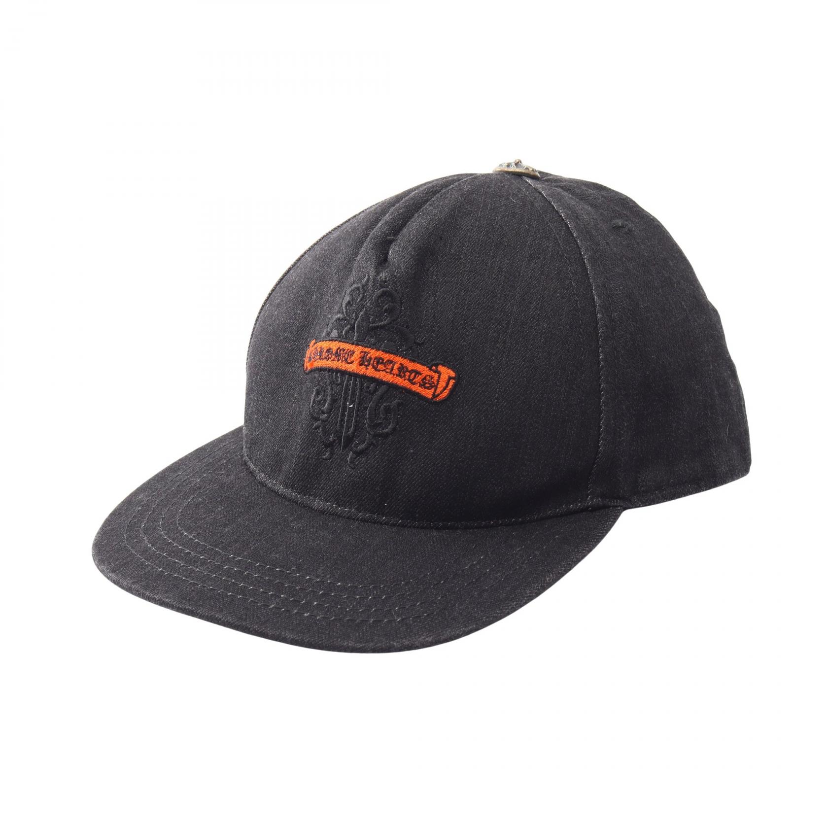 ≪10%OFFクーポン 7/19 20時～7/26 9:59≫クロムハーツ CHROME HEARTS トラッカーキャップ ヴァインダガー スクロールロゴ エンブロイダリー キャップ 帽子 デニム メンズ ブラック系 / オレンジ系 【中古】｜Mike Museum