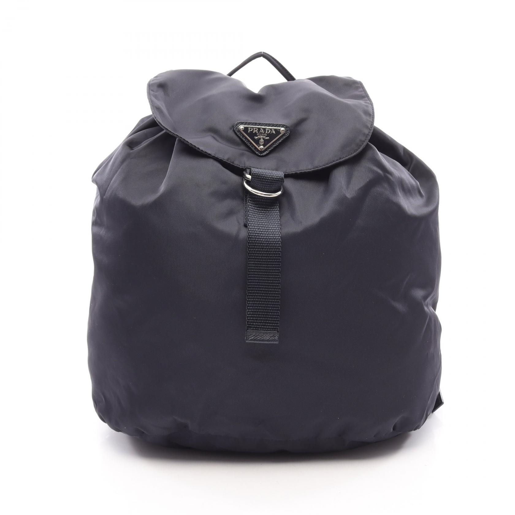 ≪10%OFFクーポン 7/19 20時~7/26 9:59≫プラダ PRADA 三角プレート ドローストリング リュックサック バックパック バッグ ナイロン レザー レディース ネイビー系 【中古】|Mike Museum