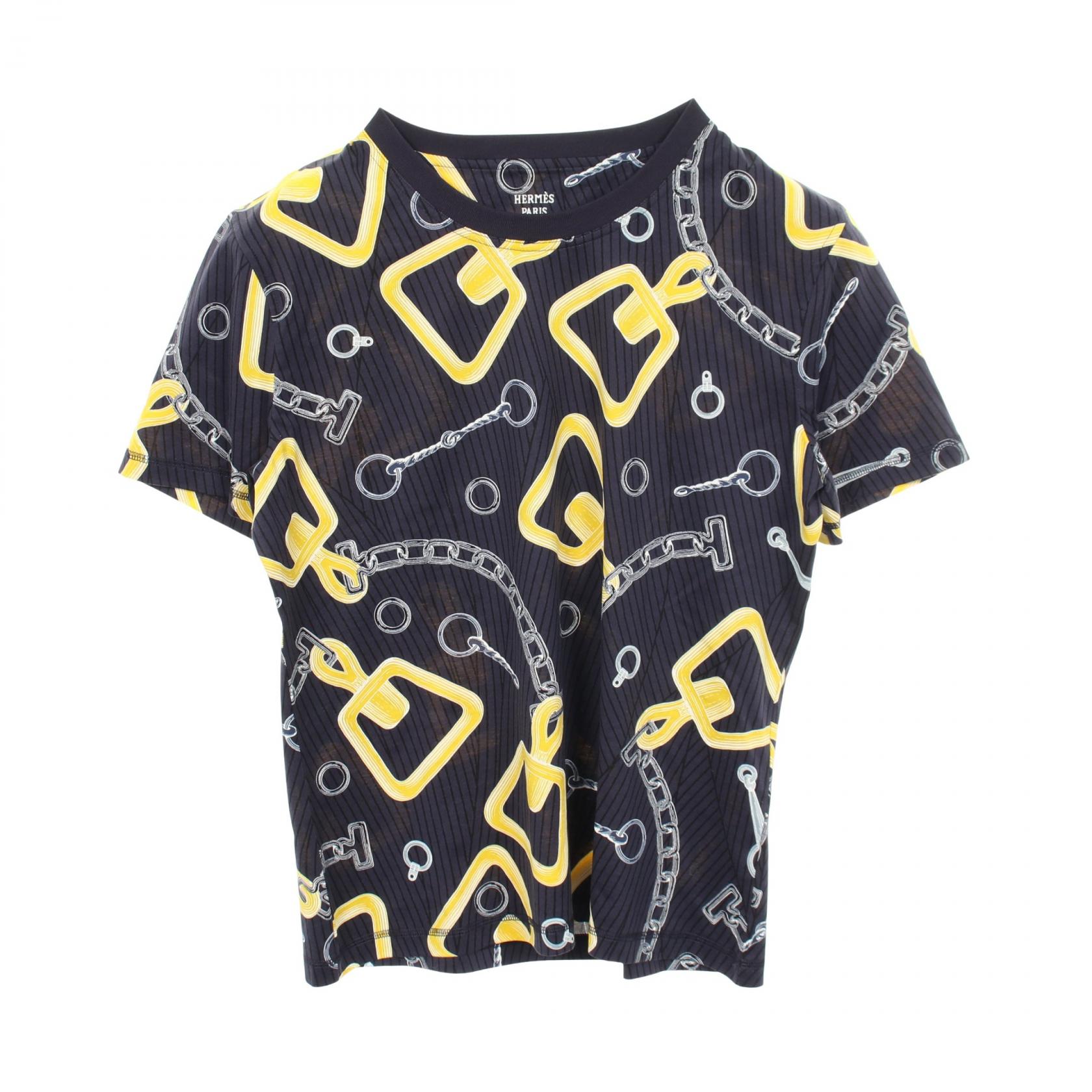 ≪10%OFFクーポン 7/19 20時～7/26 9:59≫エルメス HERMES EFFET KALEIDOSCOPE カレイドスコープ エフェクト 半袖Tシャツ 衣料品 トップス コットン レディース ネイビー系 / イエロー系 4H4648DH 【中古】｜Mike Museum
