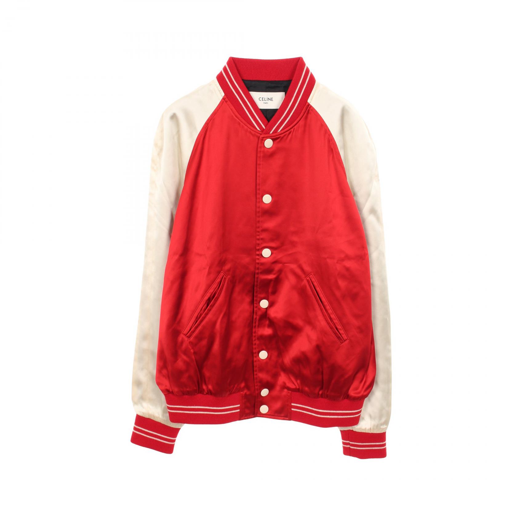 ≪10%OFFクーポン 7/19 20時~7/26 9:59≫セリーヌ CELINE THE DANCING KID TEDDY JACKET スタジャン 衣料品 アウター レーヨン メンズ レッド系 / アイボリー系 2V87C851C 【中古】|Mike Museum