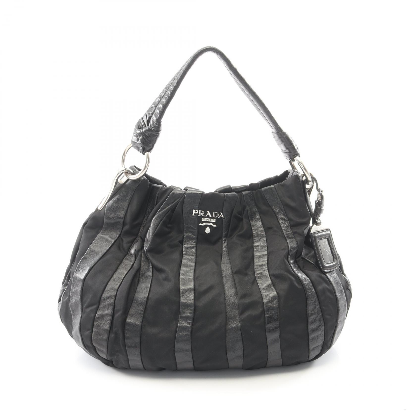 ≪10%OFFクーポン 7/19 20時~7/26 9:59≫プラダ PRADA ストライプ ハンドバッグ バッグ ナイロン レザー レディース ブラック系 【中古】|Mike Museum