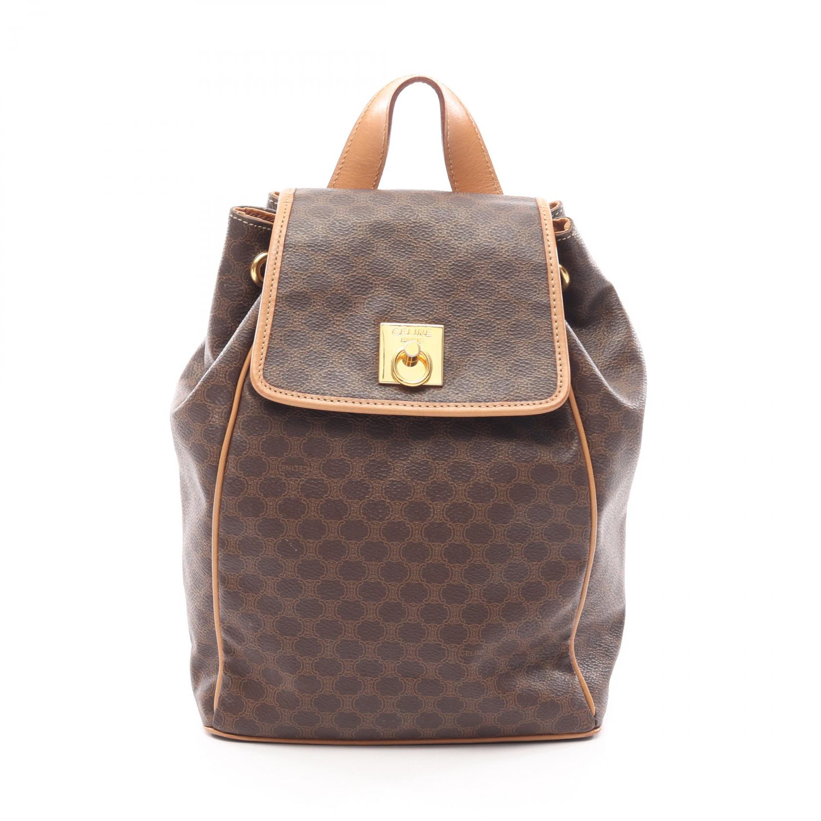 ≪10%OFFクーポン 7/19 20時~7/26 9:59≫セリーヌ CELINE マカダム ドローストリング リュックサック バックパック バッグ PVCコーティングキャンバス レザー レディース ブラウン系 / ベージュ系 【中古】|Mike Museum