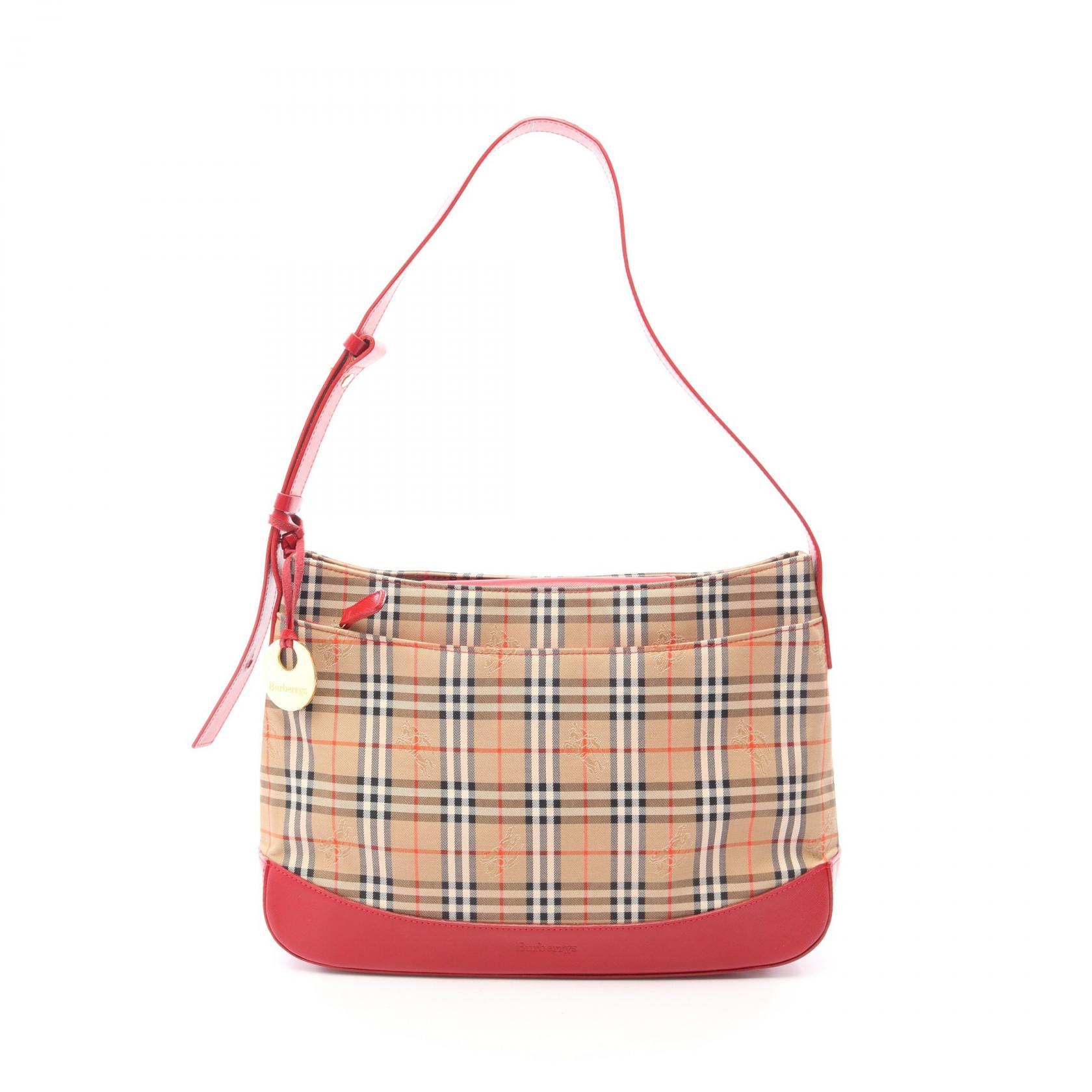 ≪10%OFFクーポン 7/19 20時～7/26 9:59≫バーバリーズ Burberrys' ヘイマーケットチェック ショルダーバッグ バッグ キャンバス レザー レディース ベージュ系 / レッド系 / マルチカラー 【中古】｜Mike Museum