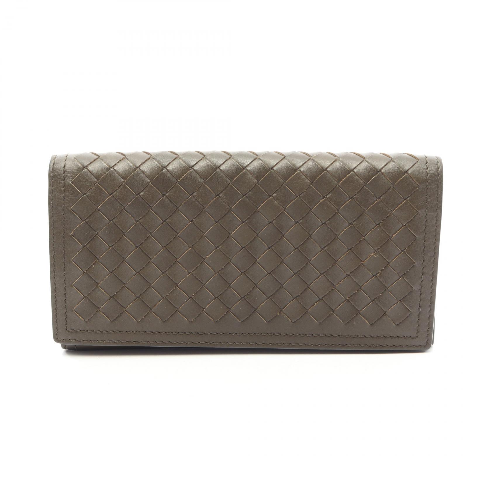 ボッテガヴェネタ BOTTEGA VENETA イントレチャート 二つ折り長財布 財布 レザー メンズ レディース カーキ系 【中古】|Mike Museum