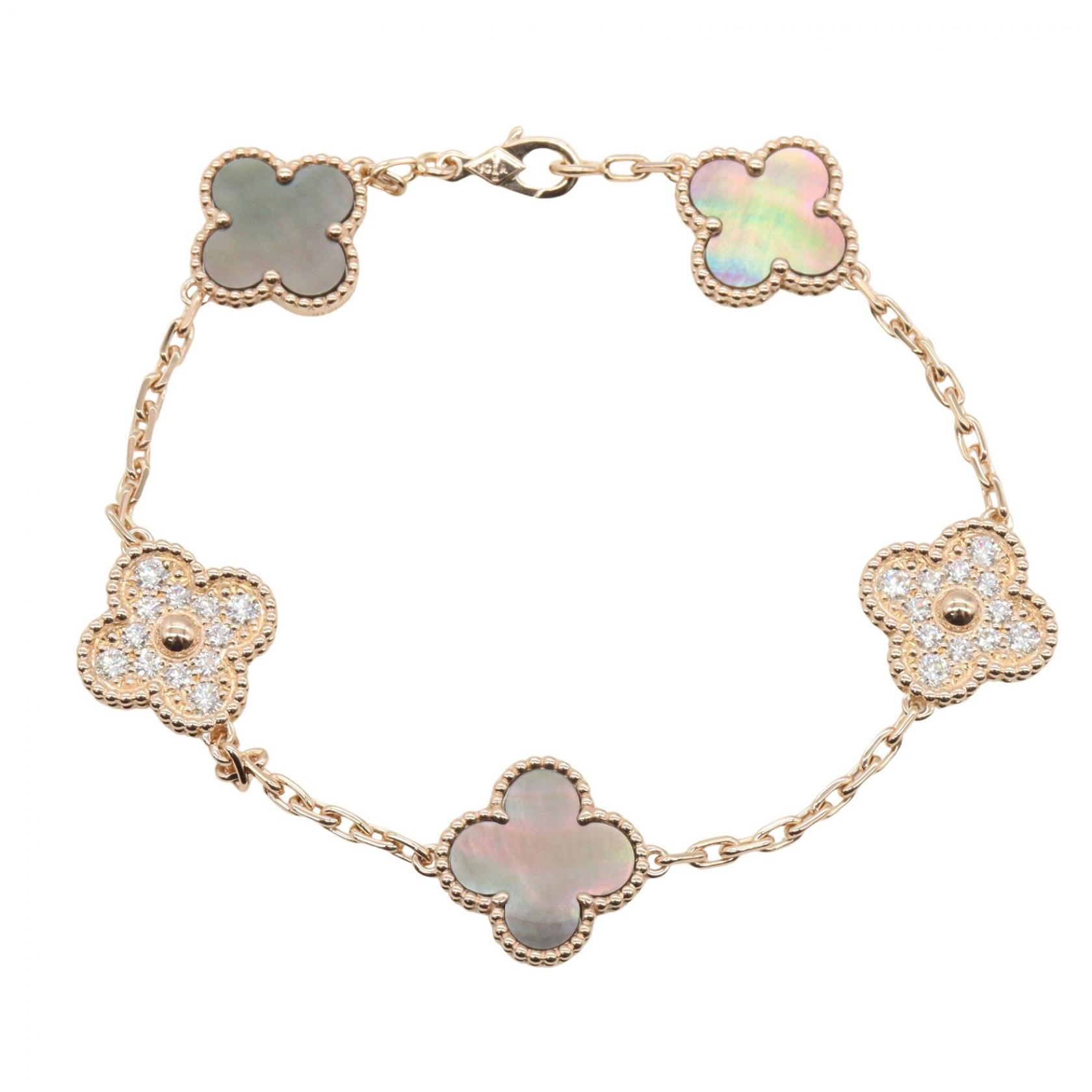 ヴァンクリーフ&アーペル Van Cleef & Arpels ヴィンテージアルハンブラ 5P グレー ダイヤ ブレスレット ブレスレット アクセサリー K18PG(ピンクゴールド) ダイヤモンド マザーオブパール レディース ゴールド系 / グレー系 / クリア系 VCARP2R100 【中古】|Mike Museum