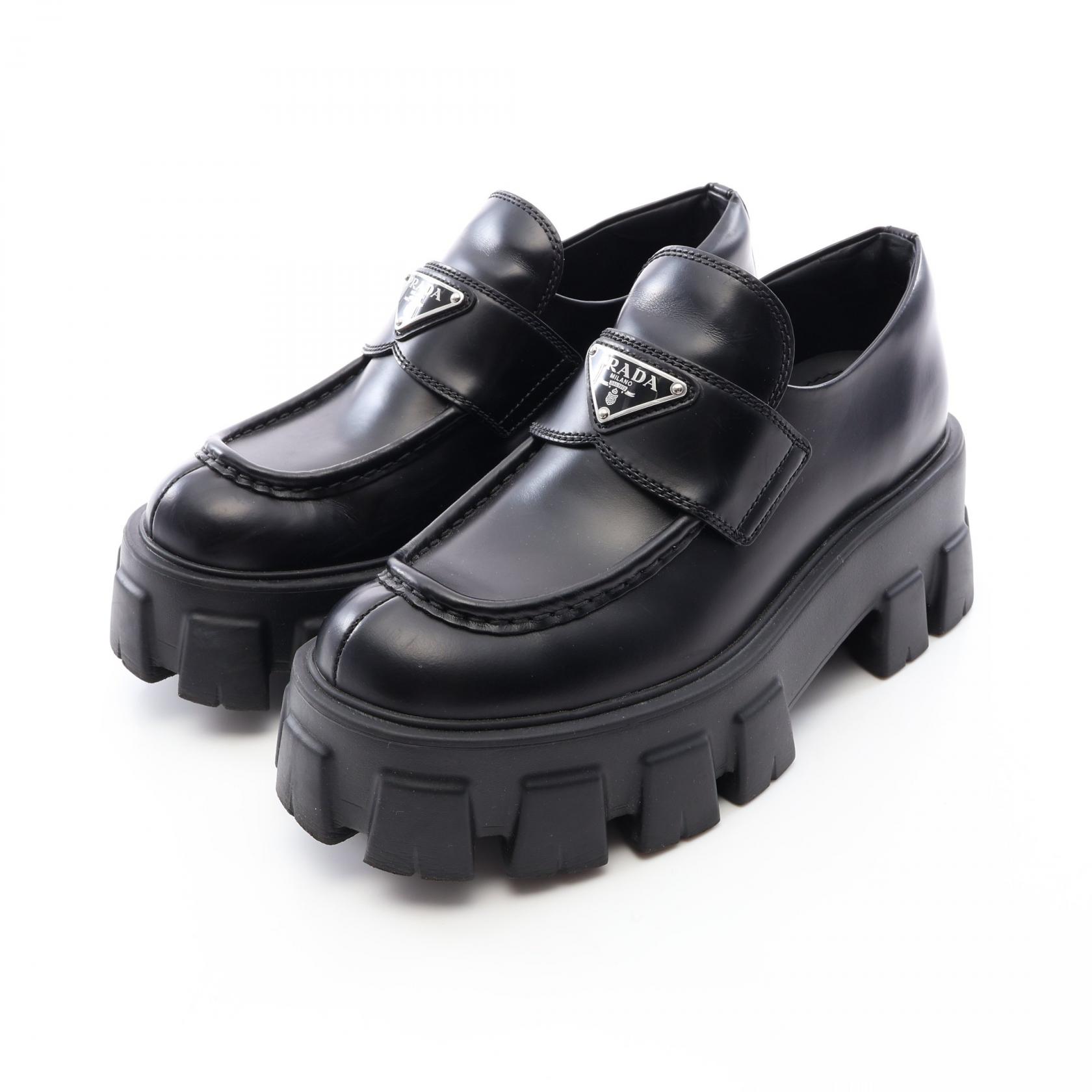 【P5倍&times;5%クーポン｜7/29 20時～8/2 23:59】プラダ PRADA 三角プレート 厚底 ローファー 靴 レザー レディース ブラック系 【中古】｜Mike Museum