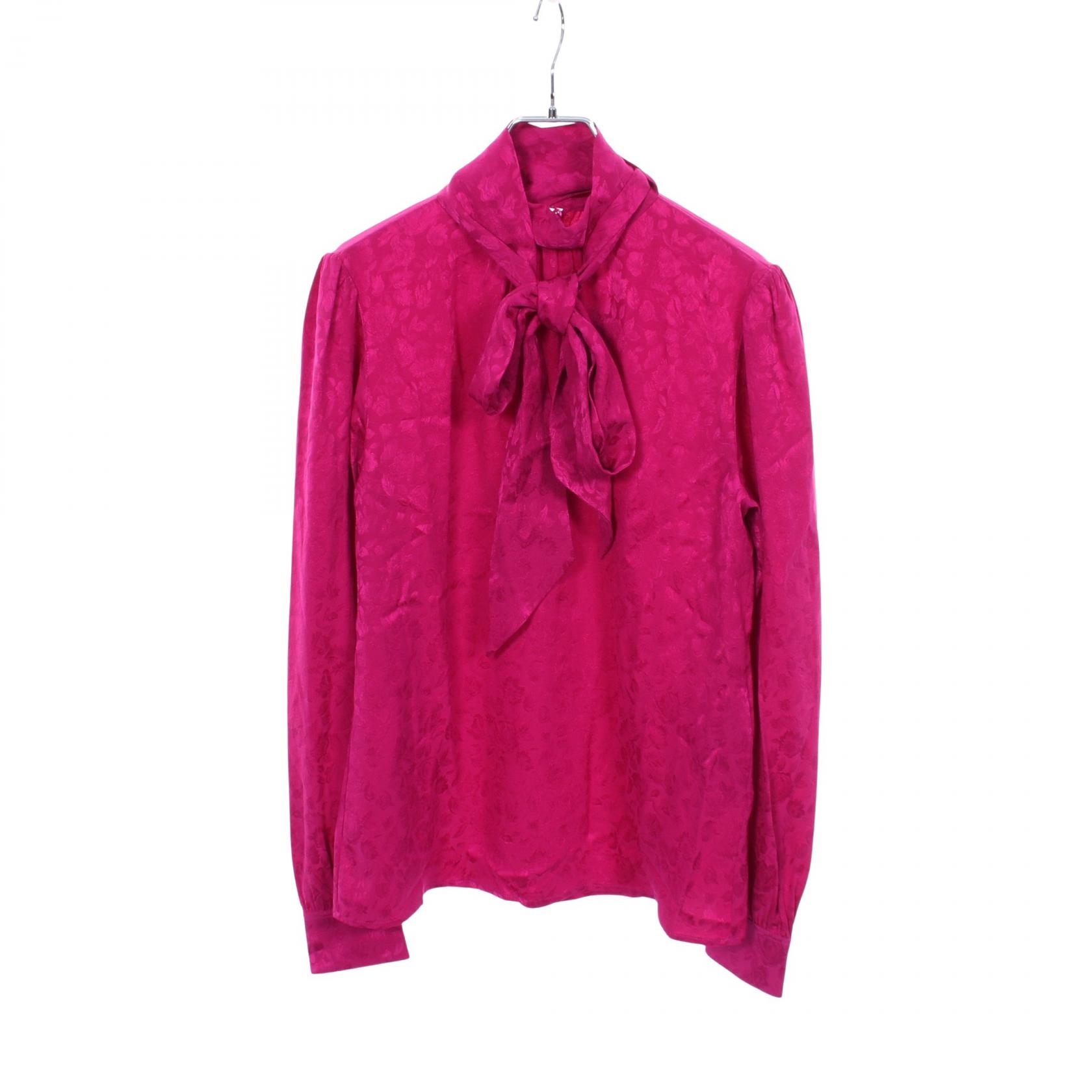 [5x points on all items until 10/13 9:59] Saint Laurent Paris High Neck Floral Print Blouses Clothing Women's Silk Top, Pink (Used)