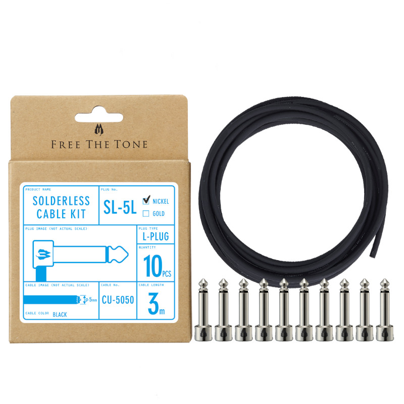 Free The Tone フリーザトーン SL-5L-NI-10K（Lプラグ 10個 / ケーブル 3m） ソルダーレスキット 組み立て式 ケーブル