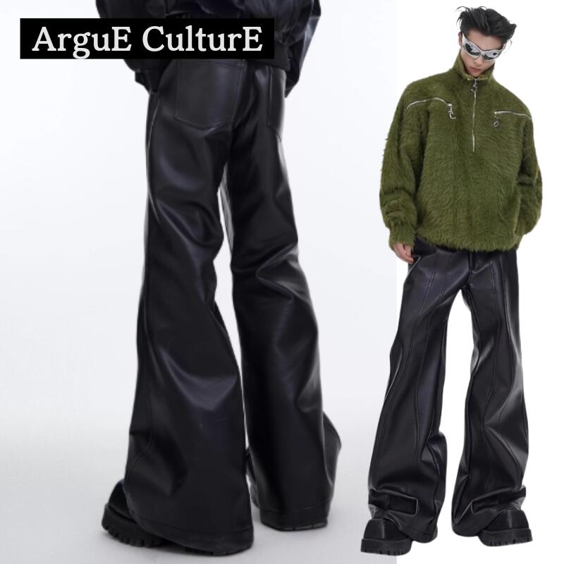 Argue Culture フェイクレザーパンツ ワイドフレアパンツ 立体構築パンツ マットレザー風ハイウエストパンツ