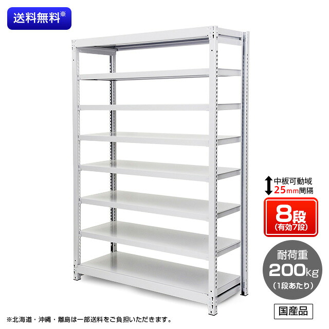 【送料無料】業務用スチールラック　ボルトレス・単体型　オープン型　耐荷重：1段200kg【高さ2400 x 横幅1500 x 奥行300 x 棚板8枚(有効段数7段)】｜棚・ラックの専門店　ミクニヤ