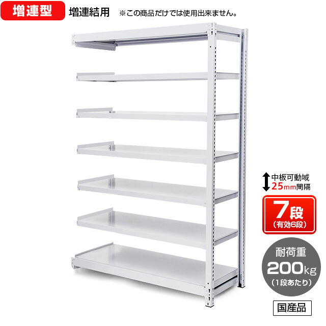 【送料無料】業務用スチールラック　ボルトレス・増連型　オープン型　耐荷重：1段200kg【高さ2400 x 横幅1800 x 奥行600 x 棚板7枚(有効段数6段)】｜棚・ラックの専門店　ミクニヤ