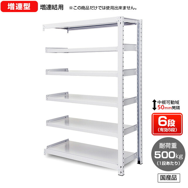 【送料無料】 業務用スチールラック ボルトレス・増連型 オープン型 耐荷重：1段500kg【高さ1200 x 横幅1800 x 奥行900 x 棚板6枚(有効段数5段)】