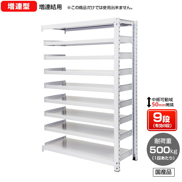 【送料無料】 業務用スチールラック ボルトレス・増連型 オープン型 耐荷重：1段500kg【高さ1800 x 横幅1200 x 奥行750 x 棚板9枚(有効段数8段)】