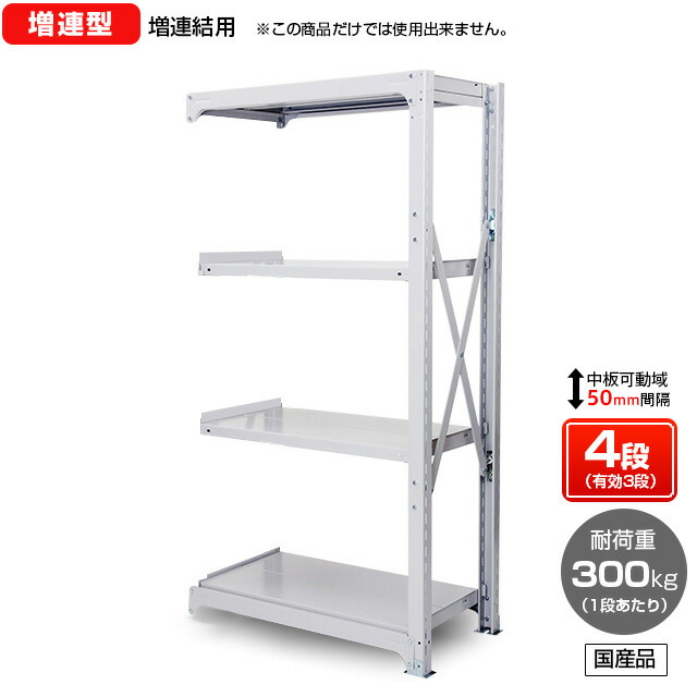 【送料無料】 業務用スチールラック ボルト式・増連型 耐荷重：1段300kg【高さ1200 x 横幅1500 x 奥行1170 x 棚板4枚(有効段数3段)】