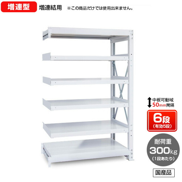 【送料無料】 業務用スチールラック ボルト式・増連型 耐荷重：1段300kg【高さ1200 x 横幅900 x 奥行1170 x 棚板6枚(有効段数5段)】
