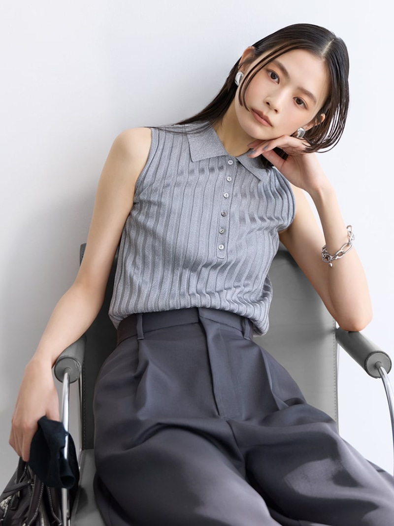 【ウォッシャブル】シアーラメノースリポロニットプルオーバー Mila Owen ミラオーウェン トップス ニット ブラック グレー ベージュ グリーン【送料無料】[ Fashion]｜Mila Owen／ミラオーウェン